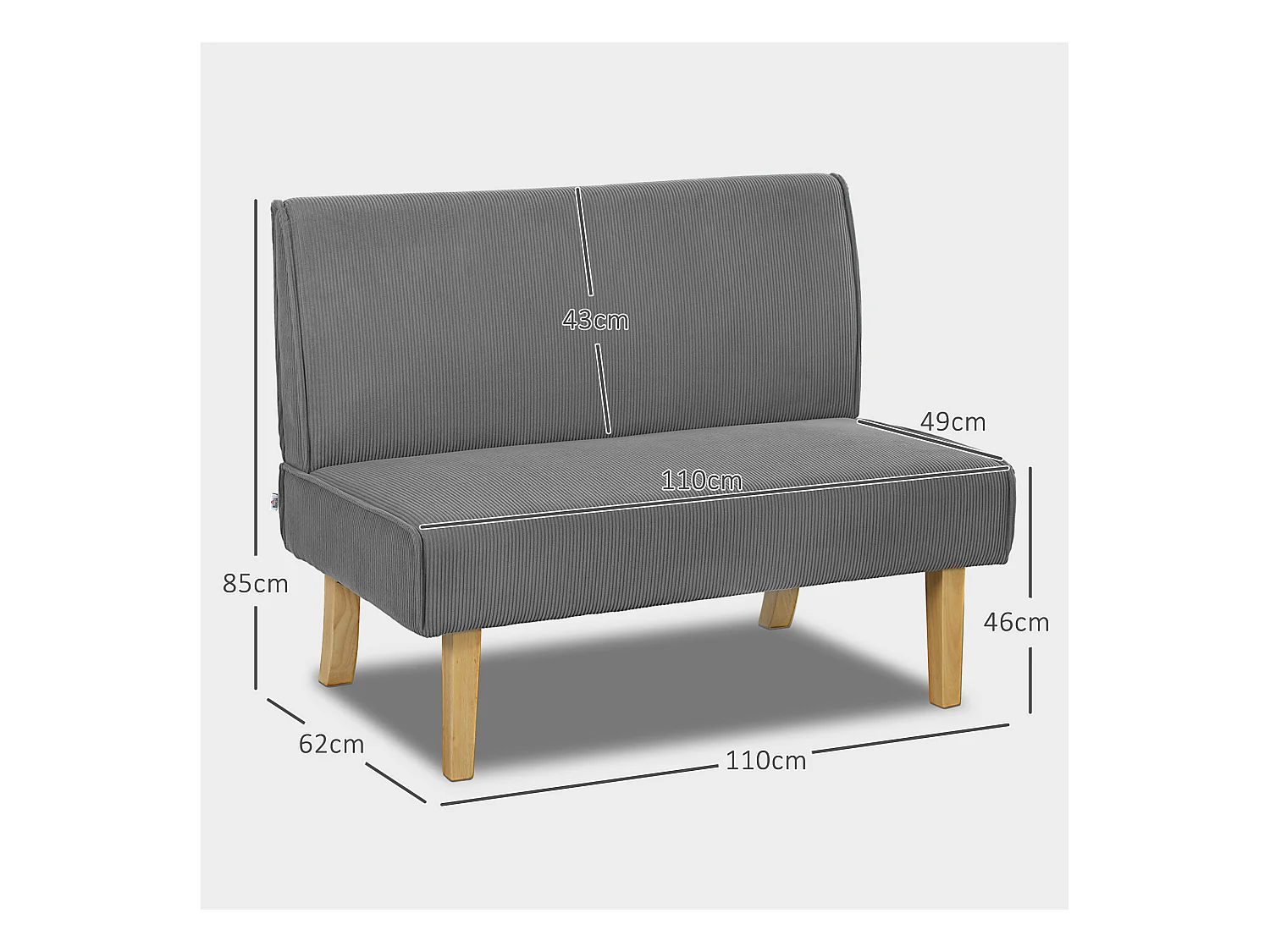 Canapé droit gris - Canapé avec dossier et pieds en bois - pour chambre et salon