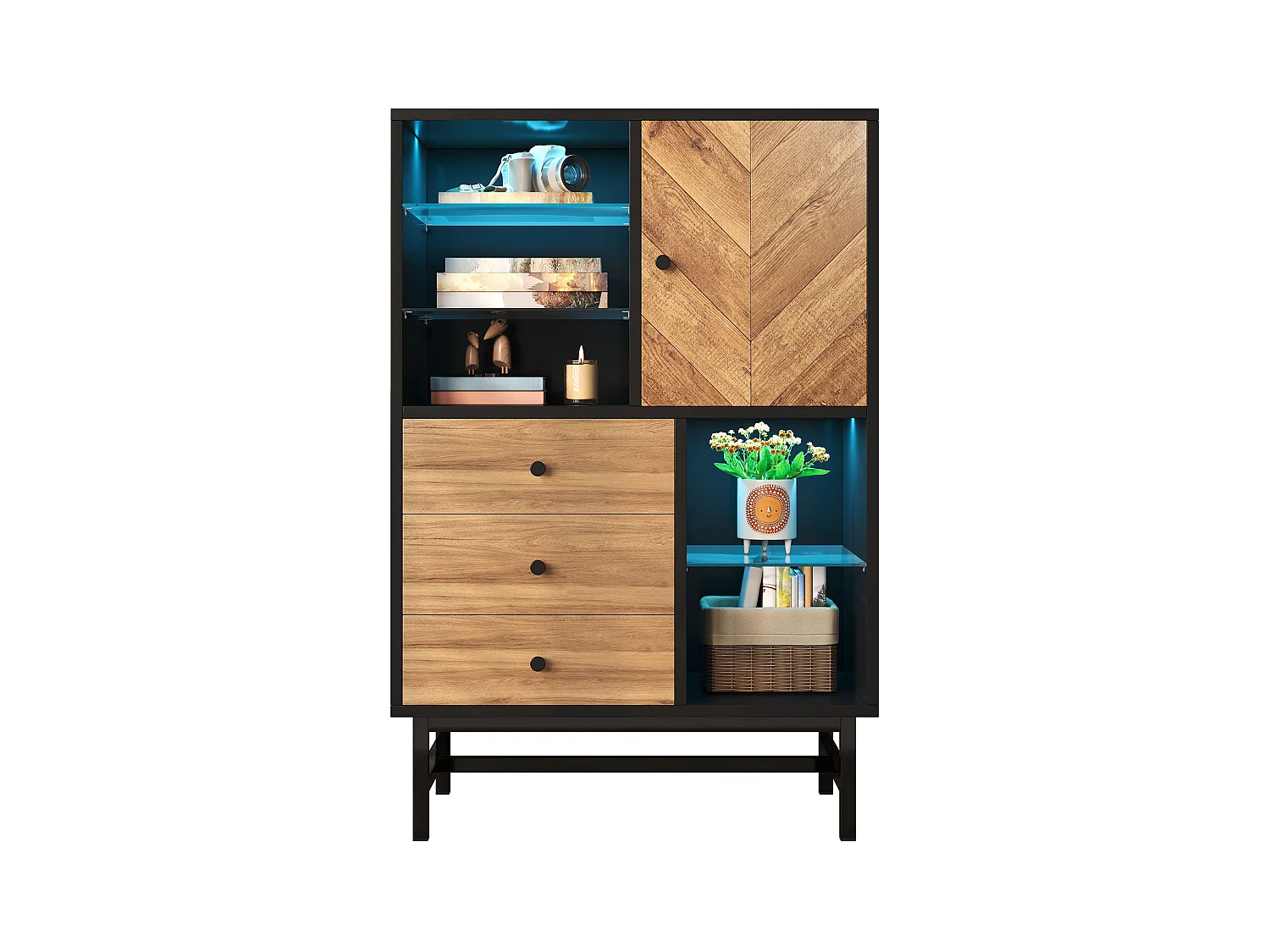 Vitrine avec LED multicolore, porte en verre, tiroirs et étagères réglables, MDF, noir et bois (120.5x40x80 cm)