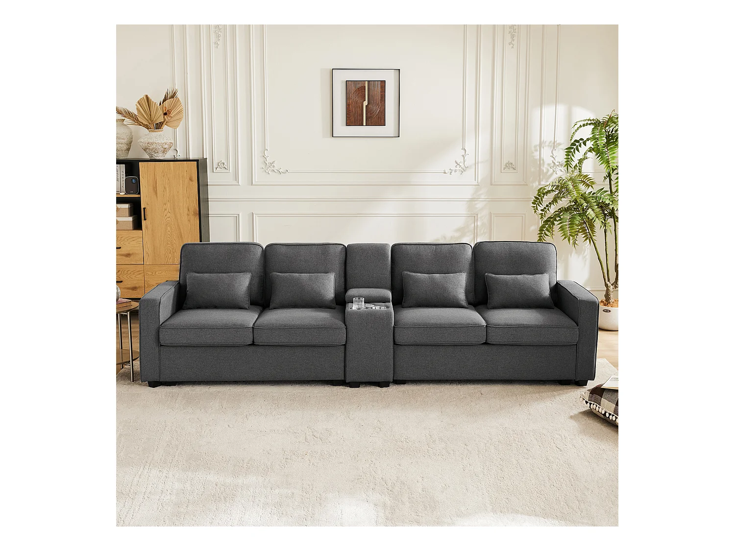 Canapé 4 places - Canapé avec 2 porte-gobelets et 2 chargeurs USB - poches d'accoudoir et 4 oreillers - lin gris foncé