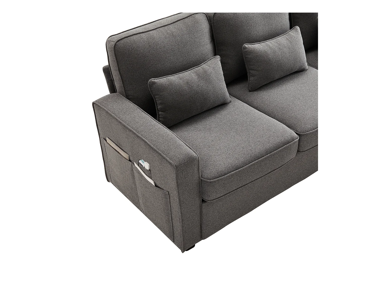 Canapé 4 places - Canapé avec 2 porte-gobelets et 2 chargeurs USB - poches d'accoudoir et 4 oreillers - lin gris foncé