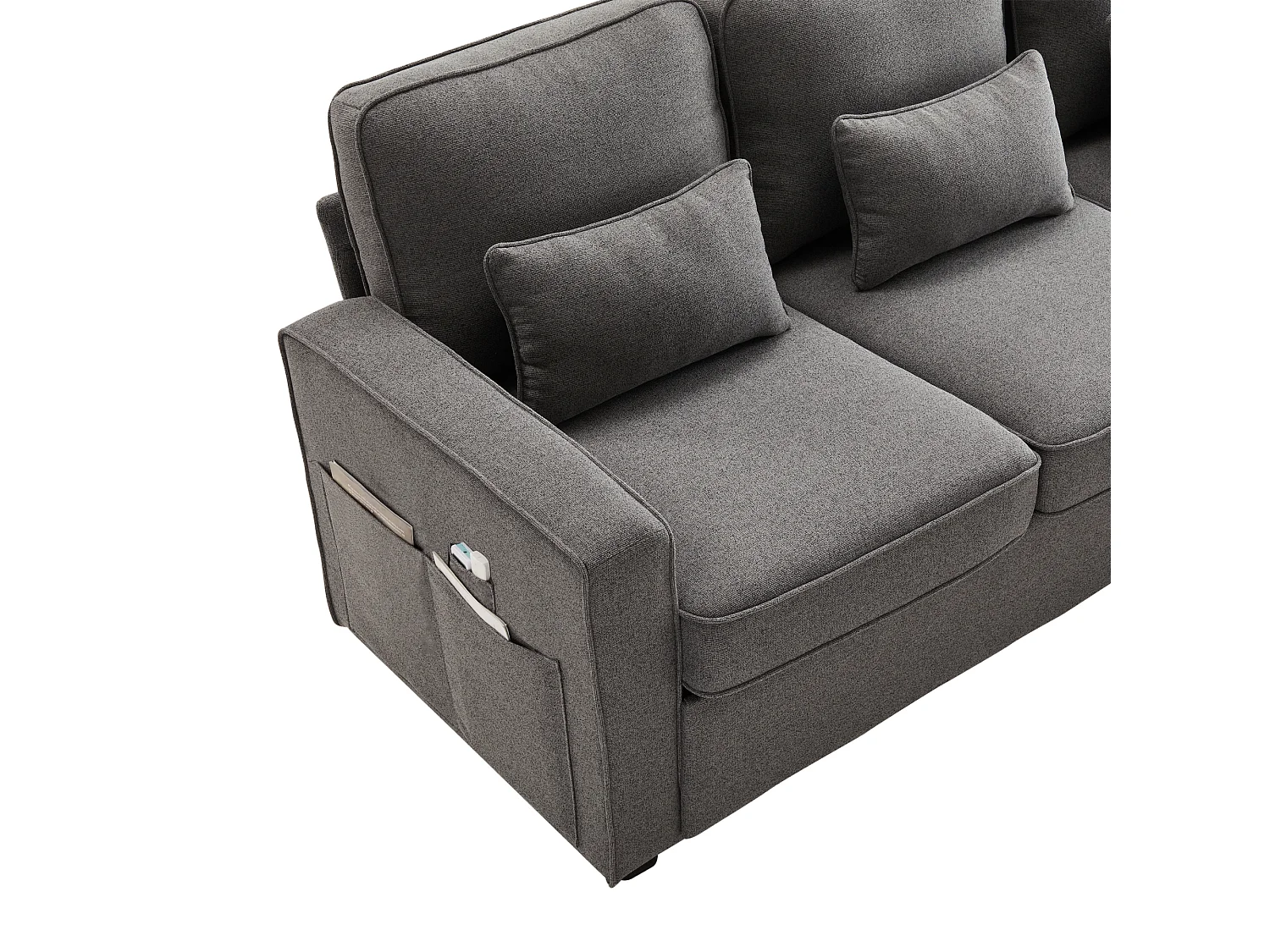 Canapé 4 places - Canapé avec 2 porte-gobelets et 2 chargeurs USB - poches d'accoudoir et 4 oreillers - lin gris foncé