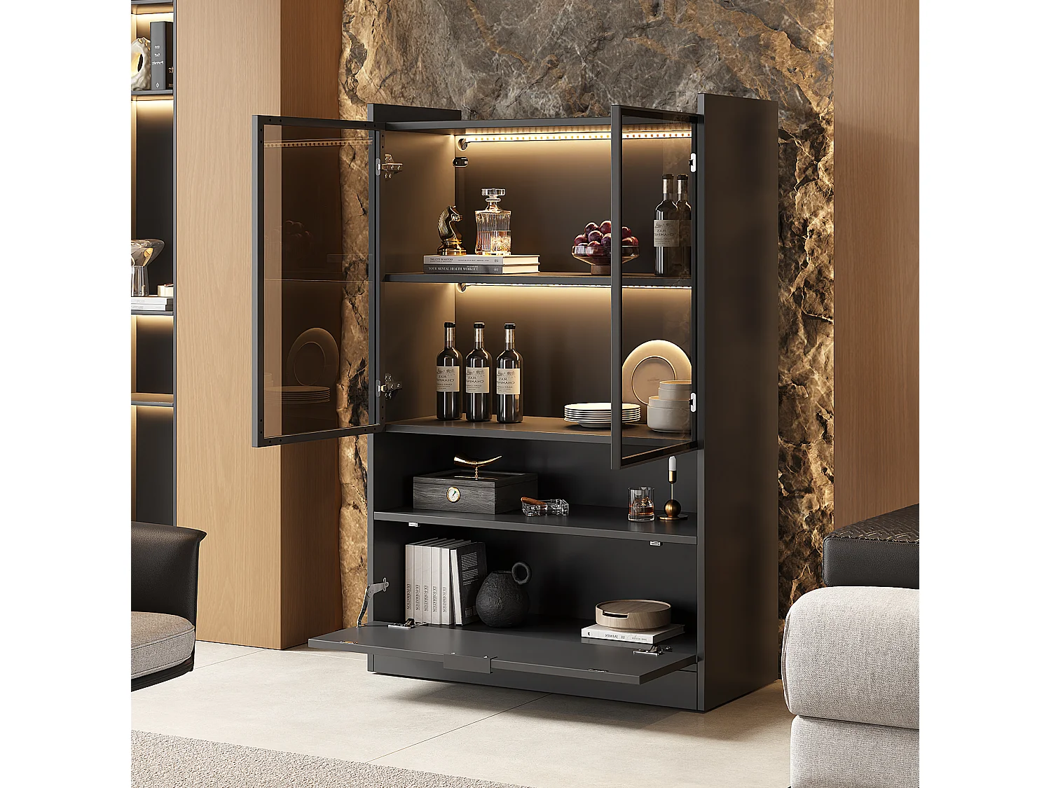 Vetrina moderna a LED, 16 colori, 1 cassetto, 5 ripiani, MDF, nero opaco (50x35,5x178 cm)