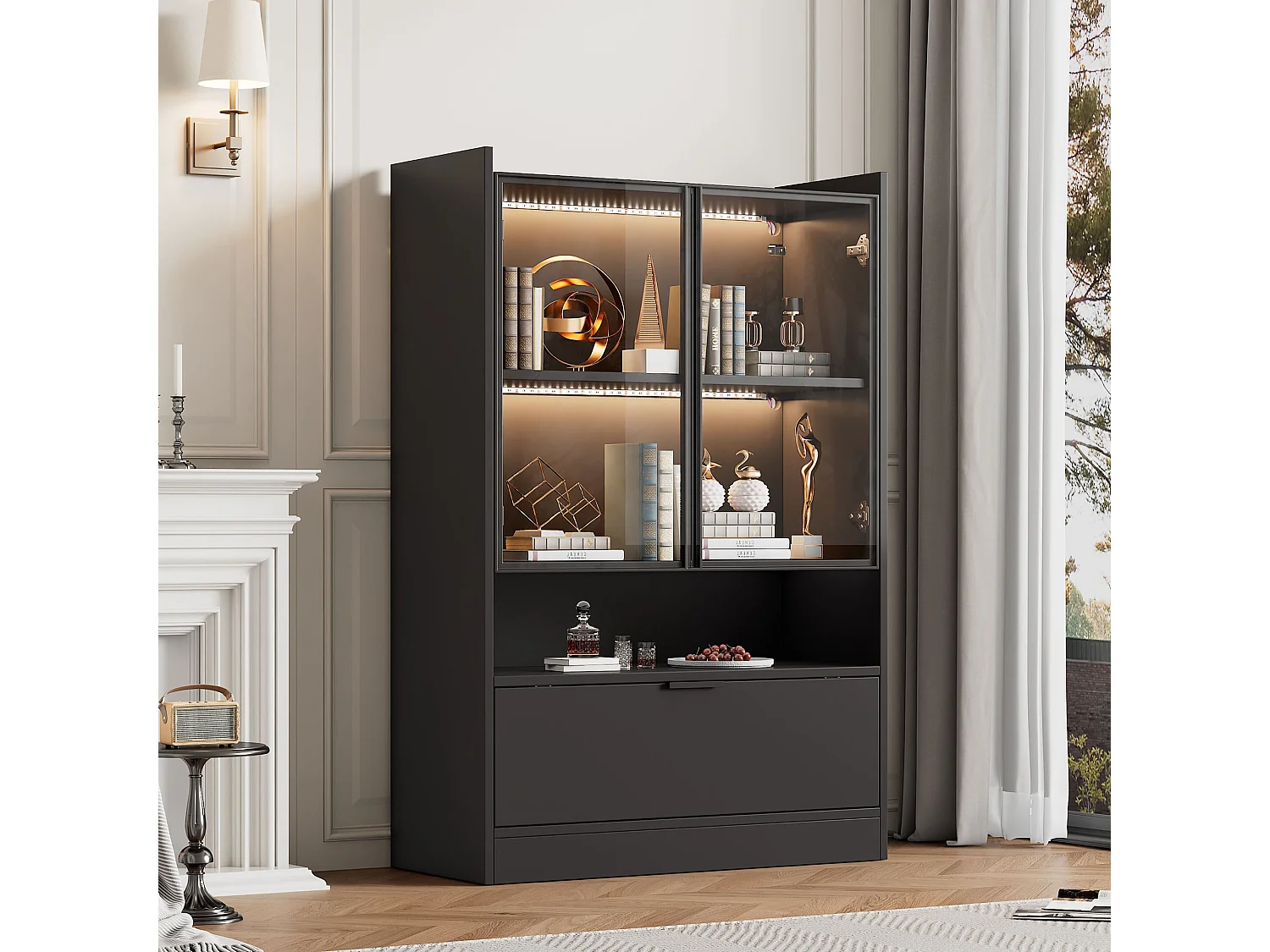 Vetrina moderna a LED, 16 colori, 1 cassetto, 5 ripiani, MDF, nero opaco (50x35,5x178 cm)