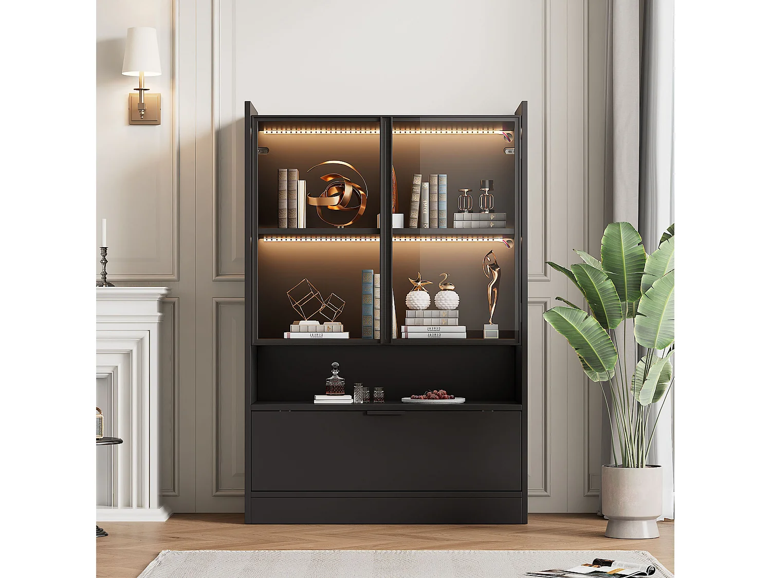 Vetrina moderna a LED, 16 colori, 1 cassetto, 5 ripiani, MDF, nero opaco (50x35,5x178 cm)