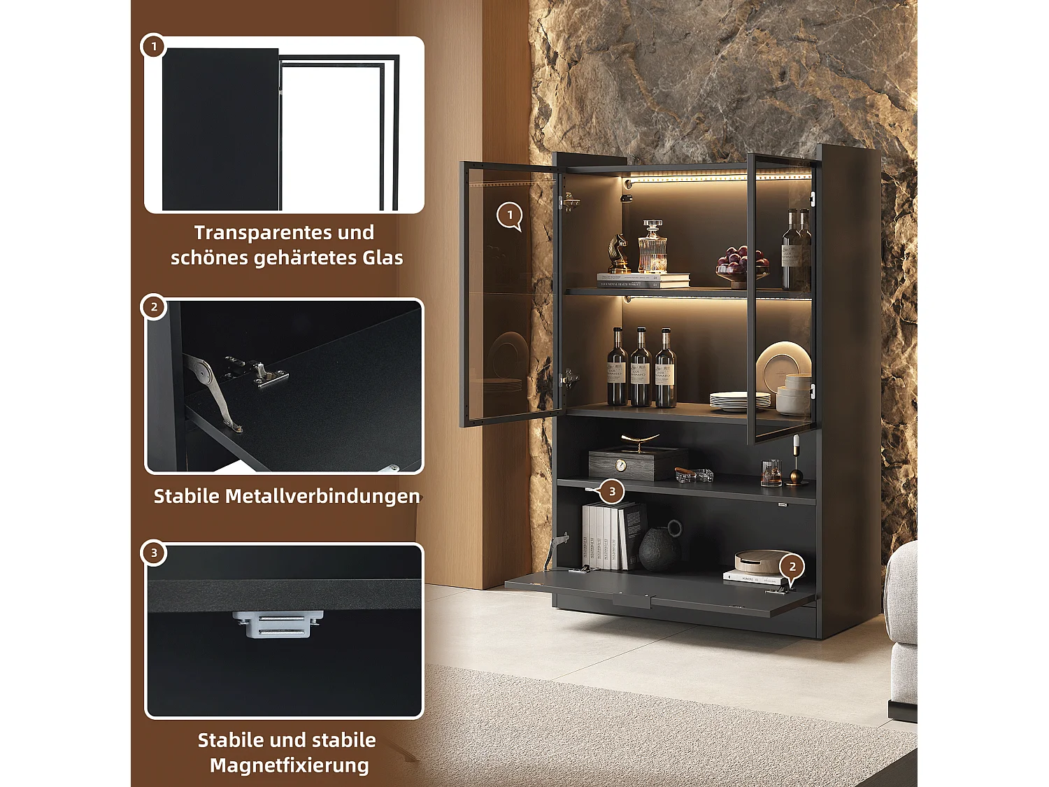 Vetrina moderna a LED, 16 colori, 1 cassetto, 5 ripiani, MDF, nero opaco (50x35,5x178 cm)