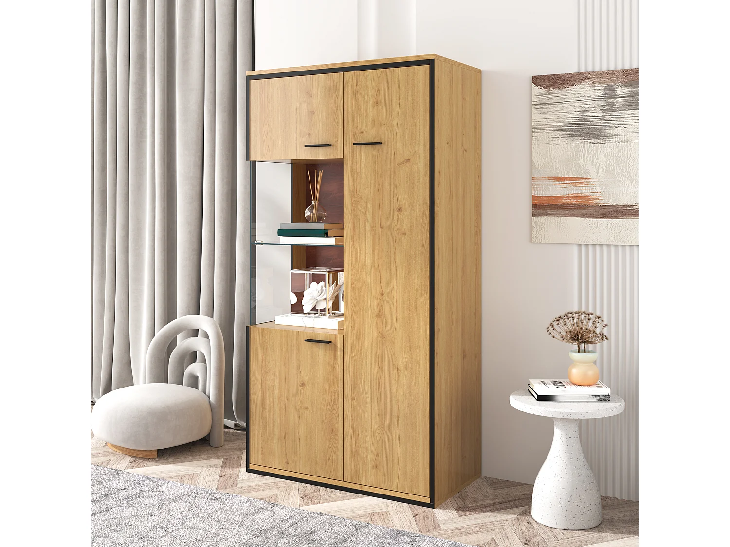 Moderne vitrinekast met ledverlichting, glazen deuren, verstelbare planken, 15 kleuren, MDF, wit (77,5x40x150 cm)