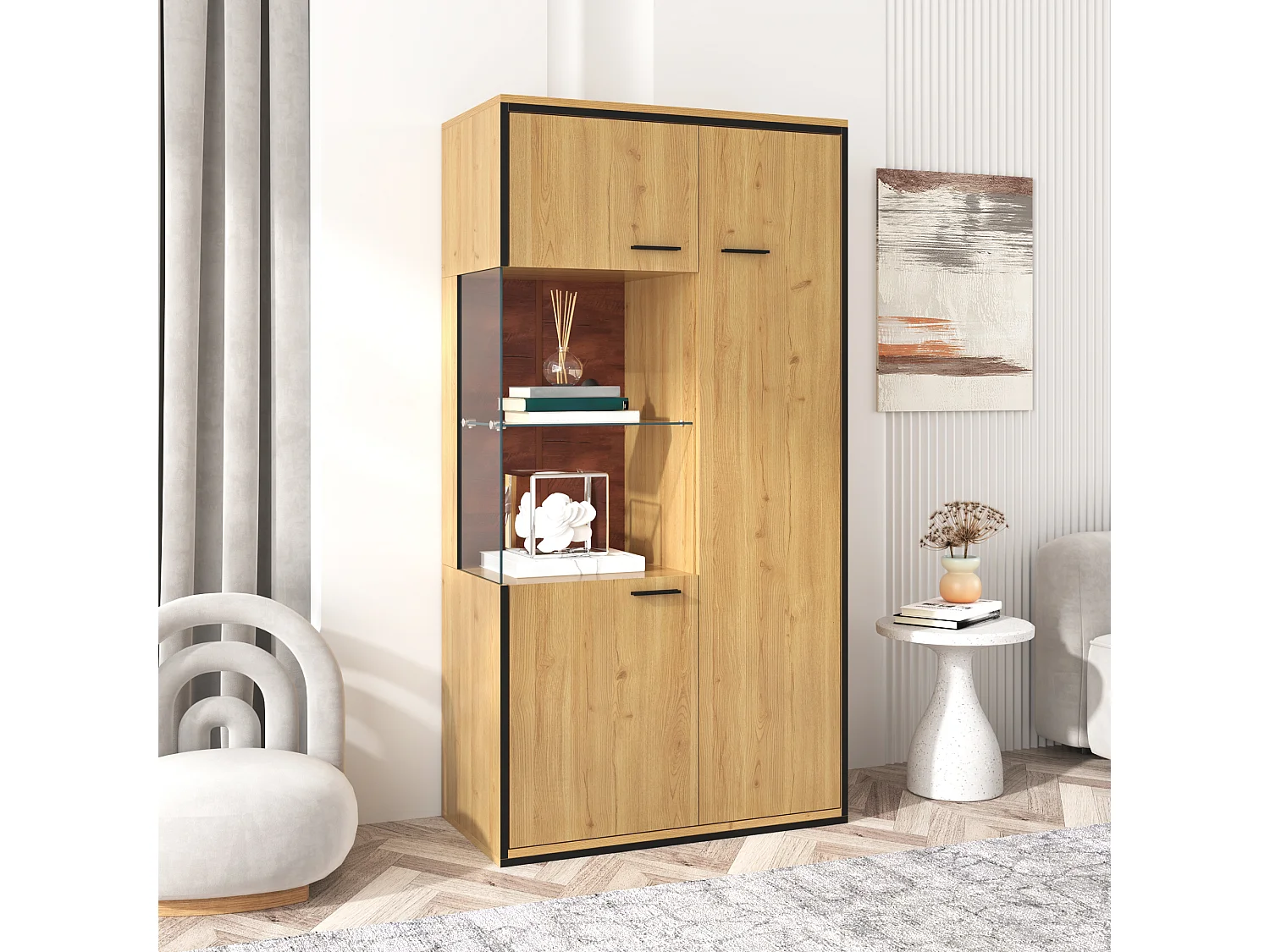 Moderne vitrinekast met ledverlichting, glazen deuren, verstelbare planken, 15 kleuren, MDF, wit (77,5x40x150 cm)