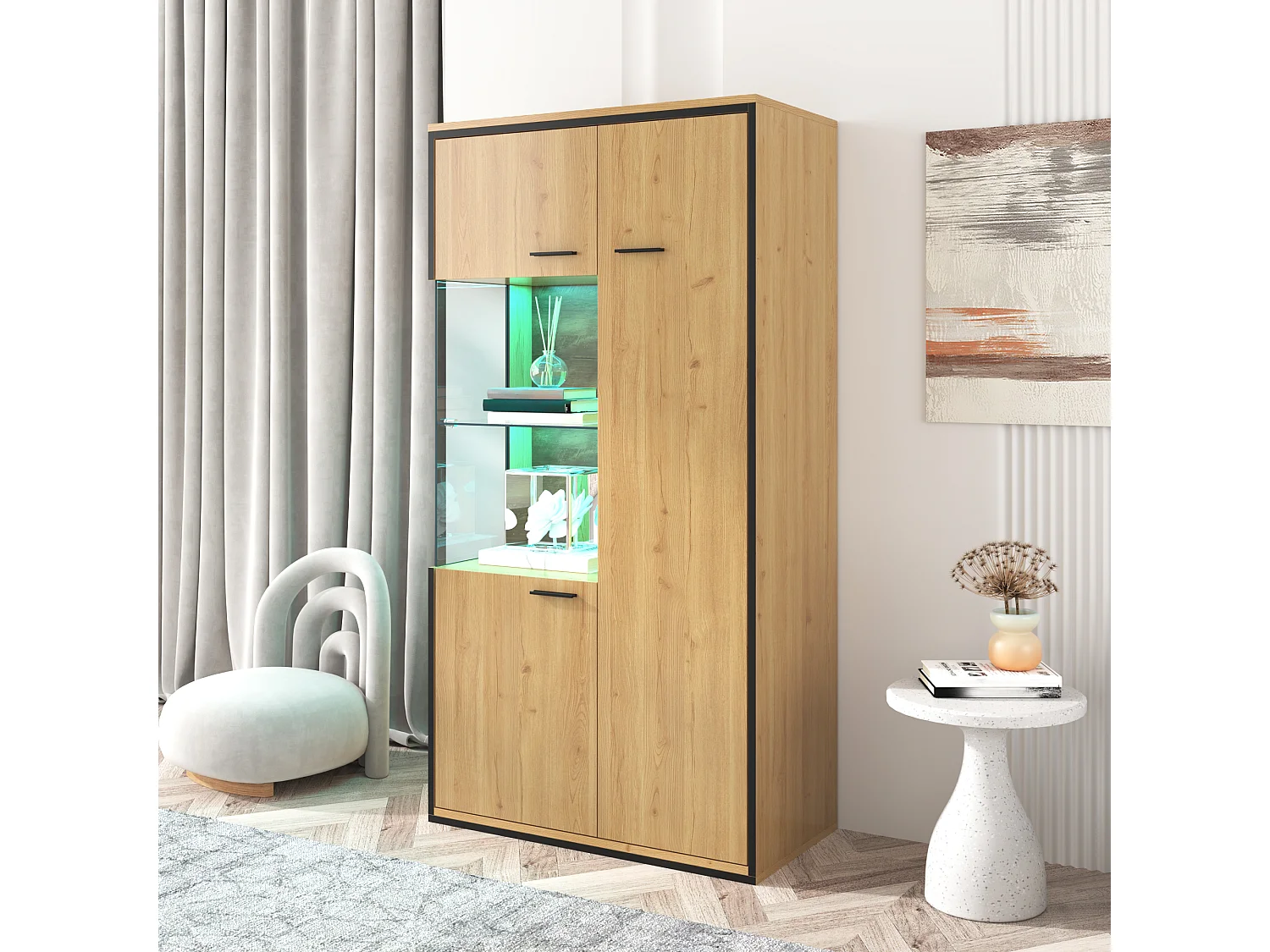 Moderne vitrinekast met ledverlichting, glazen deuren, verstelbare planken, 15 kleuren, MDF, wit (77,5x40x150 cm)