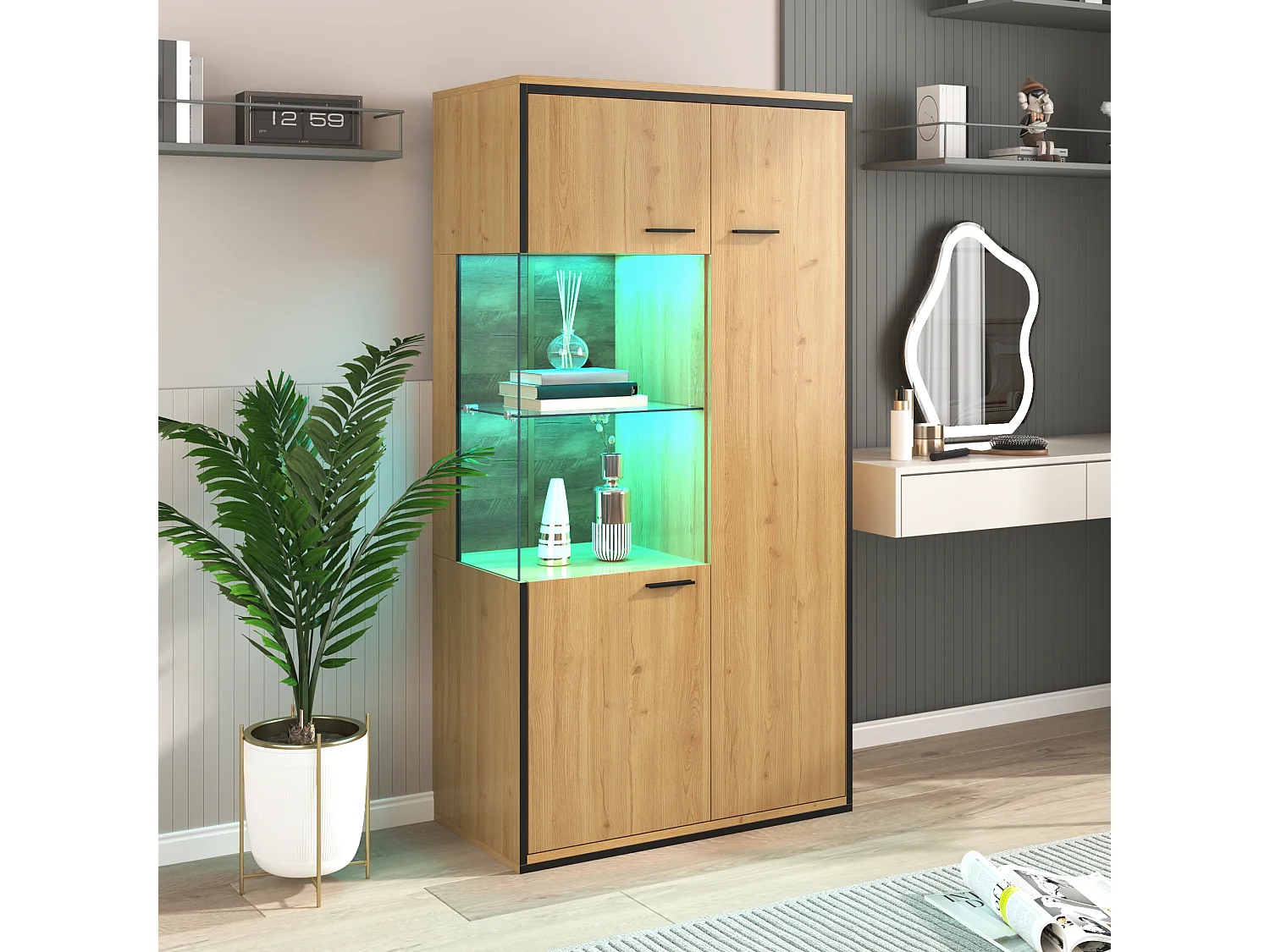 Moderne vitrinekast met ledverlichting, glazen deuren, verstelbare planken, 15 kleuren, MDF, wit (77,5x40x150 cm)