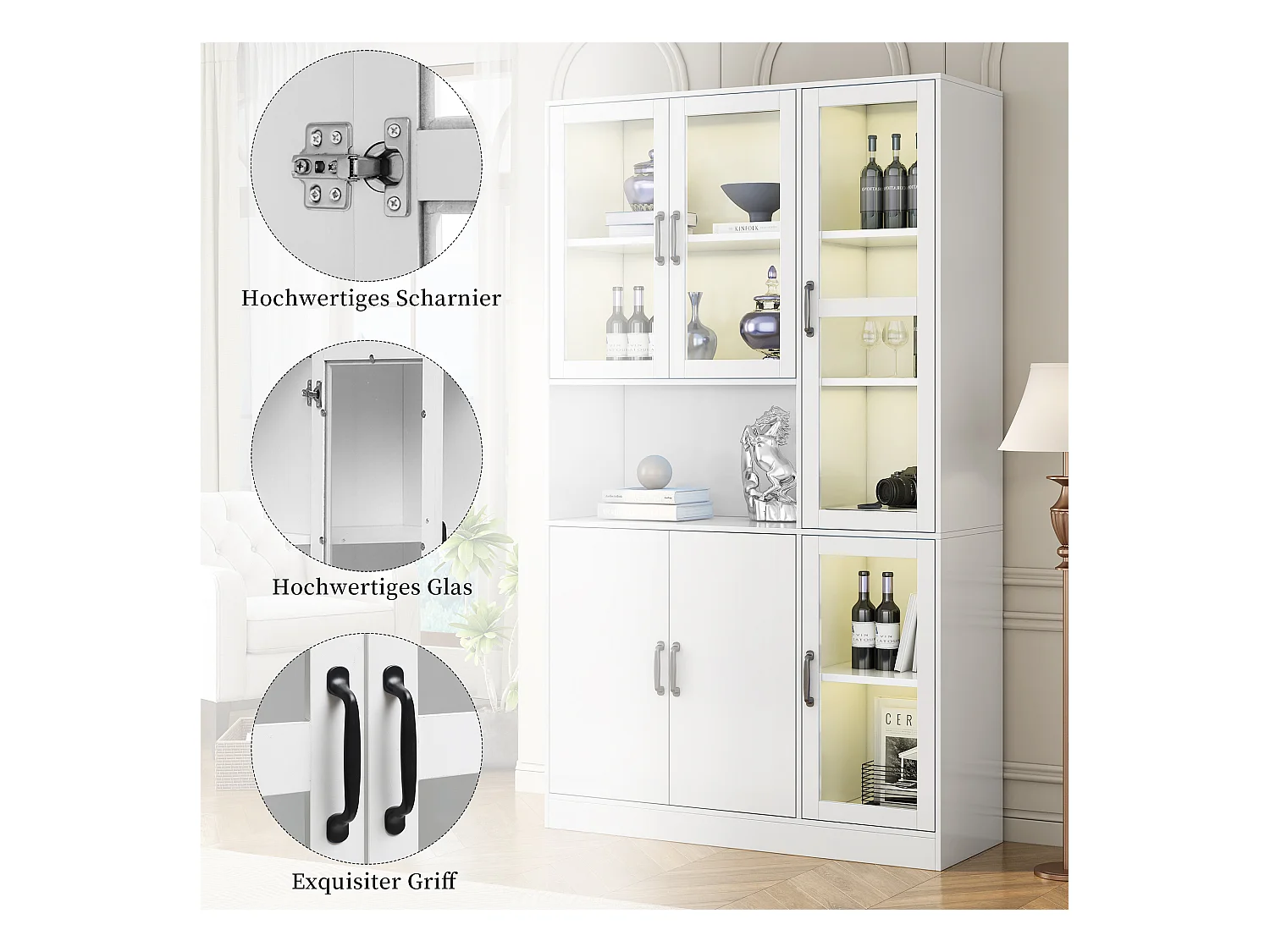 Vitrine blanche avec LED, 9 espaces de rangement, MDF, blanc (120x40x200 cm)