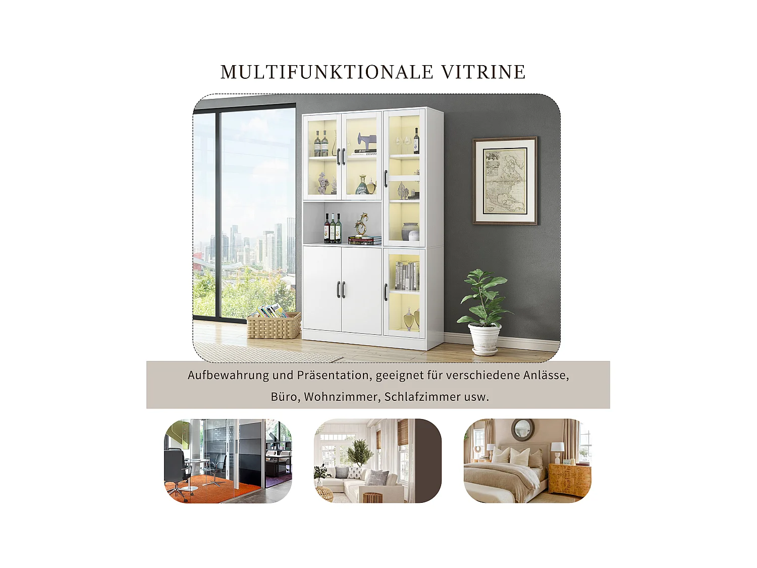 Vitrine blanche avec LED, 9 espaces de rangement, MDF, blanc (120x40x200 cm)