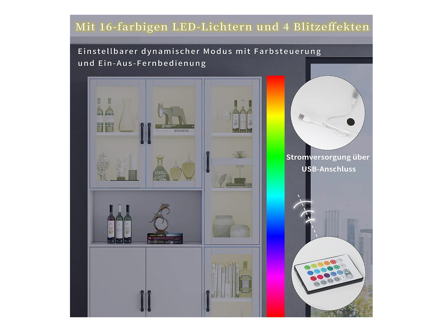 Vitrine blanche avec LED, 9 espaces de rangement, MDF, blanc (120x40x200 cm)