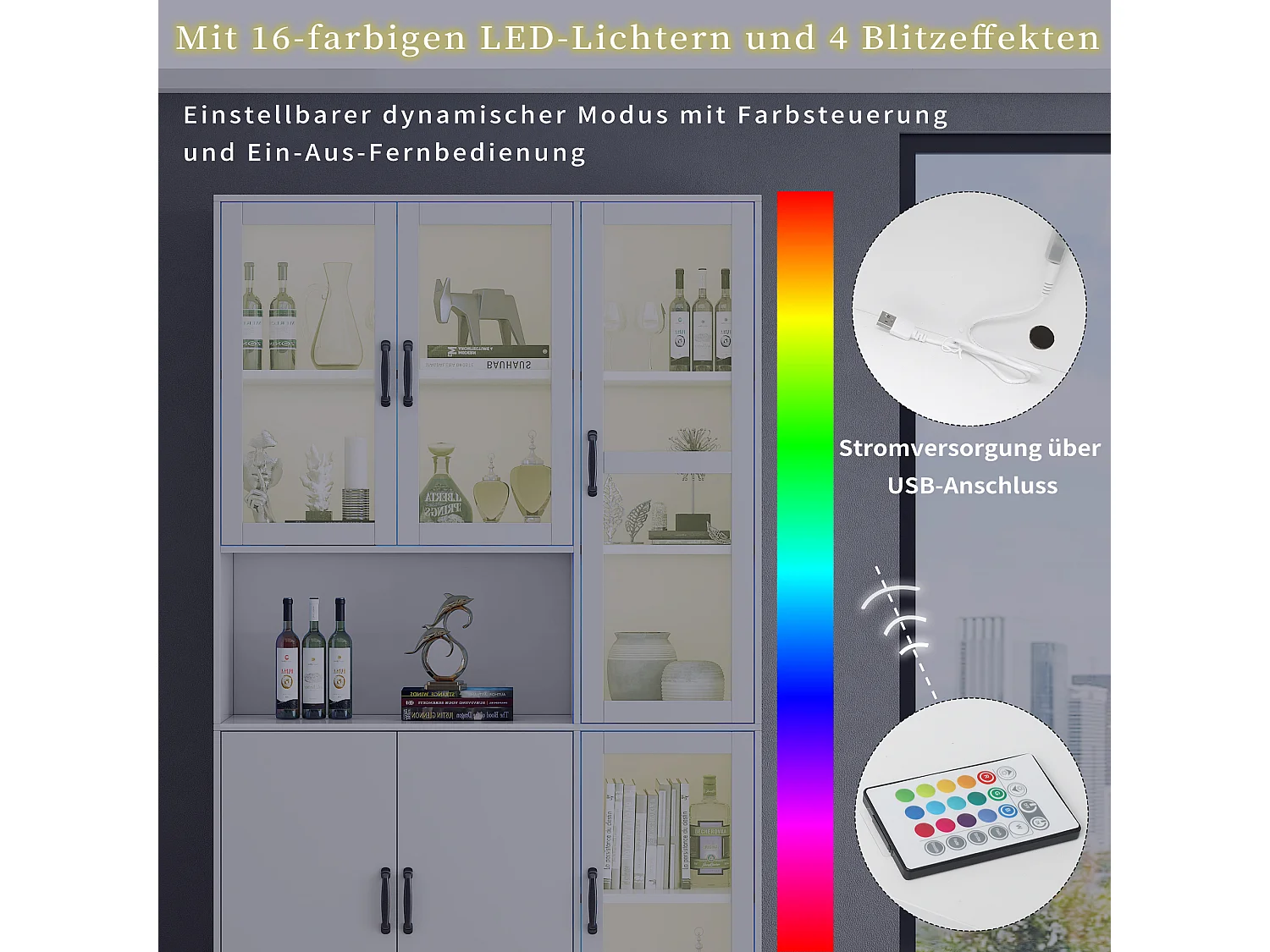 Vitrine blanche avec LED, 9 espaces de rangement, MDF, blanc (120x40x200 cm)