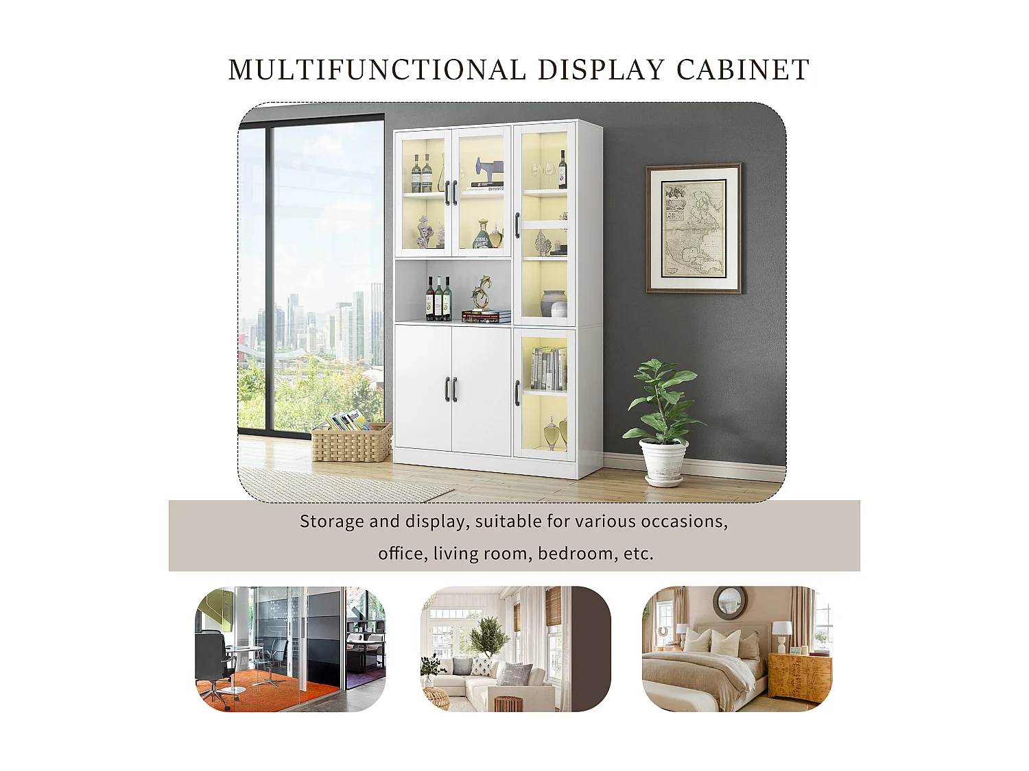 Vitrine blanche avec LED, 9 espaces de rangement, MDF, blanc (120x40x200 cm)