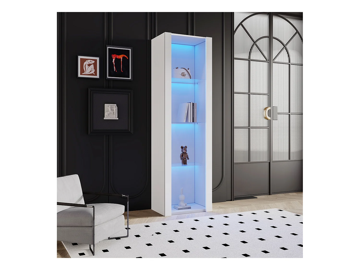 Vetrina lucida con LED, 3 ripiani in vetro, MDF, bianco (55x38x166 cm)