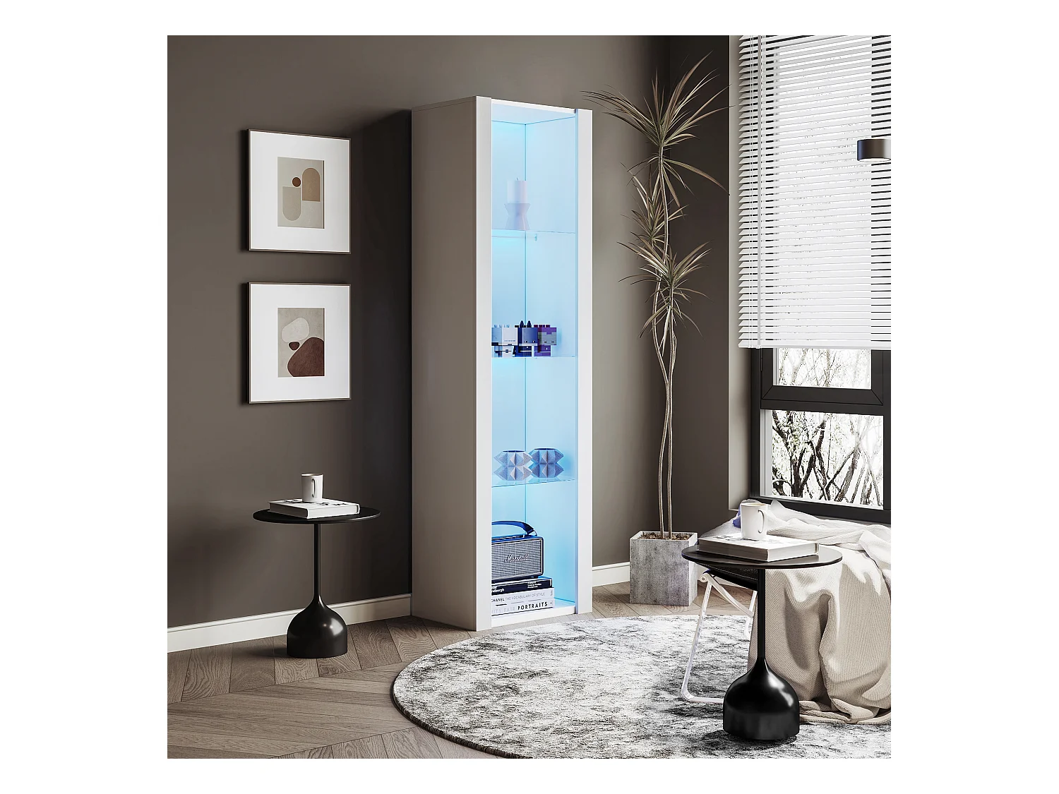 Vetrina lucida con LED, 3 ripiani in vetro, MDF, bianco (55x38x166 cm)