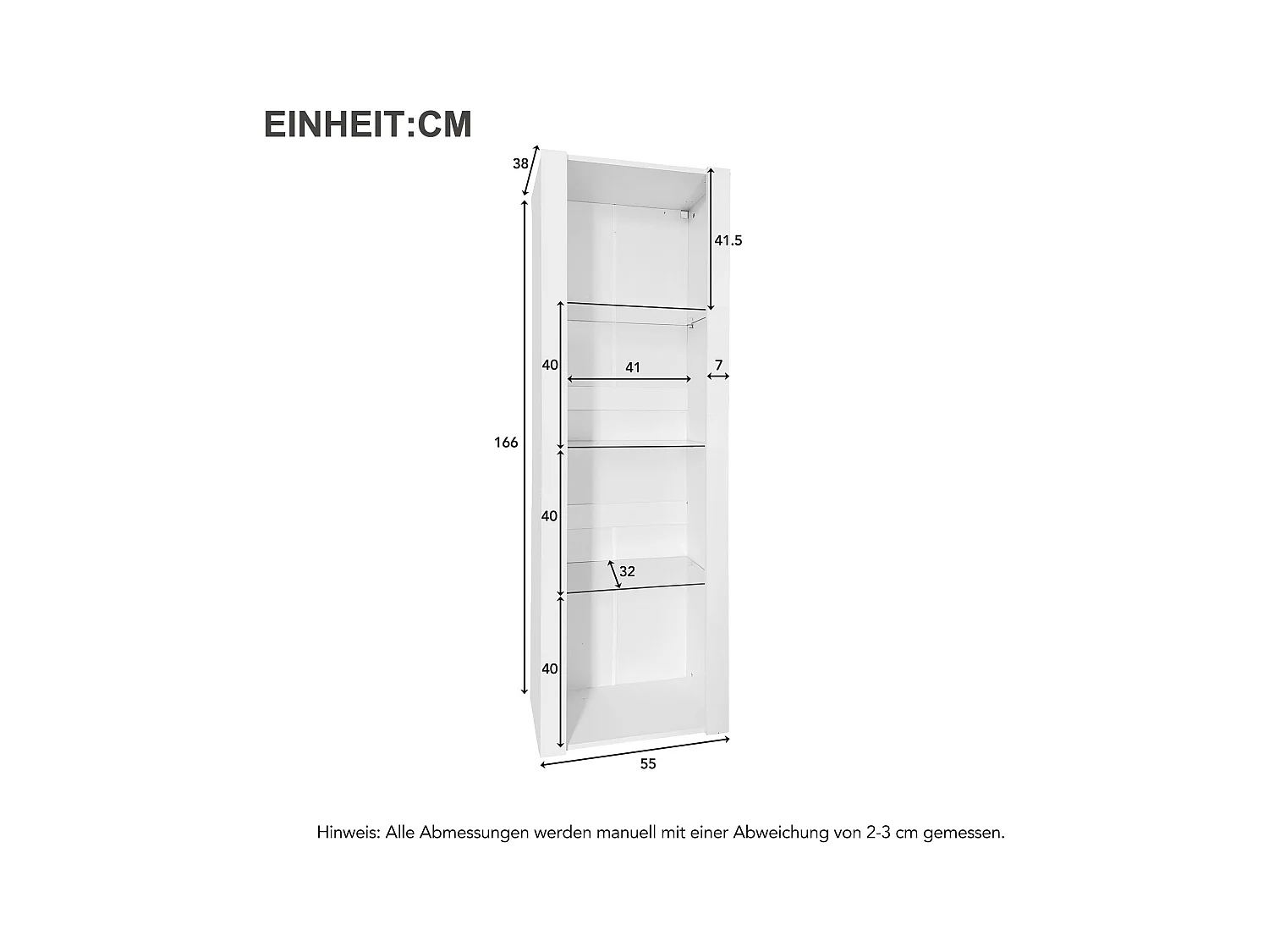 Vetrina lucida con LED, 3 ripiani in vetro, MDF, bianco (55x38x166 cm)