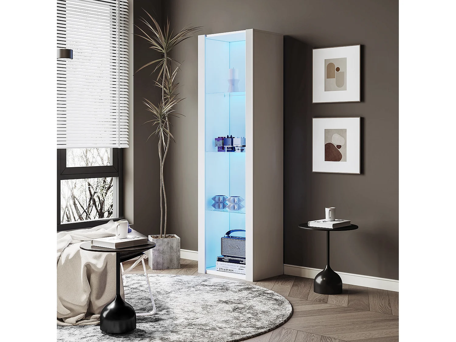 Vitrine haute brillance avec LED, 3 étagères en verre, MDF, blanc (55x38x166 cm)