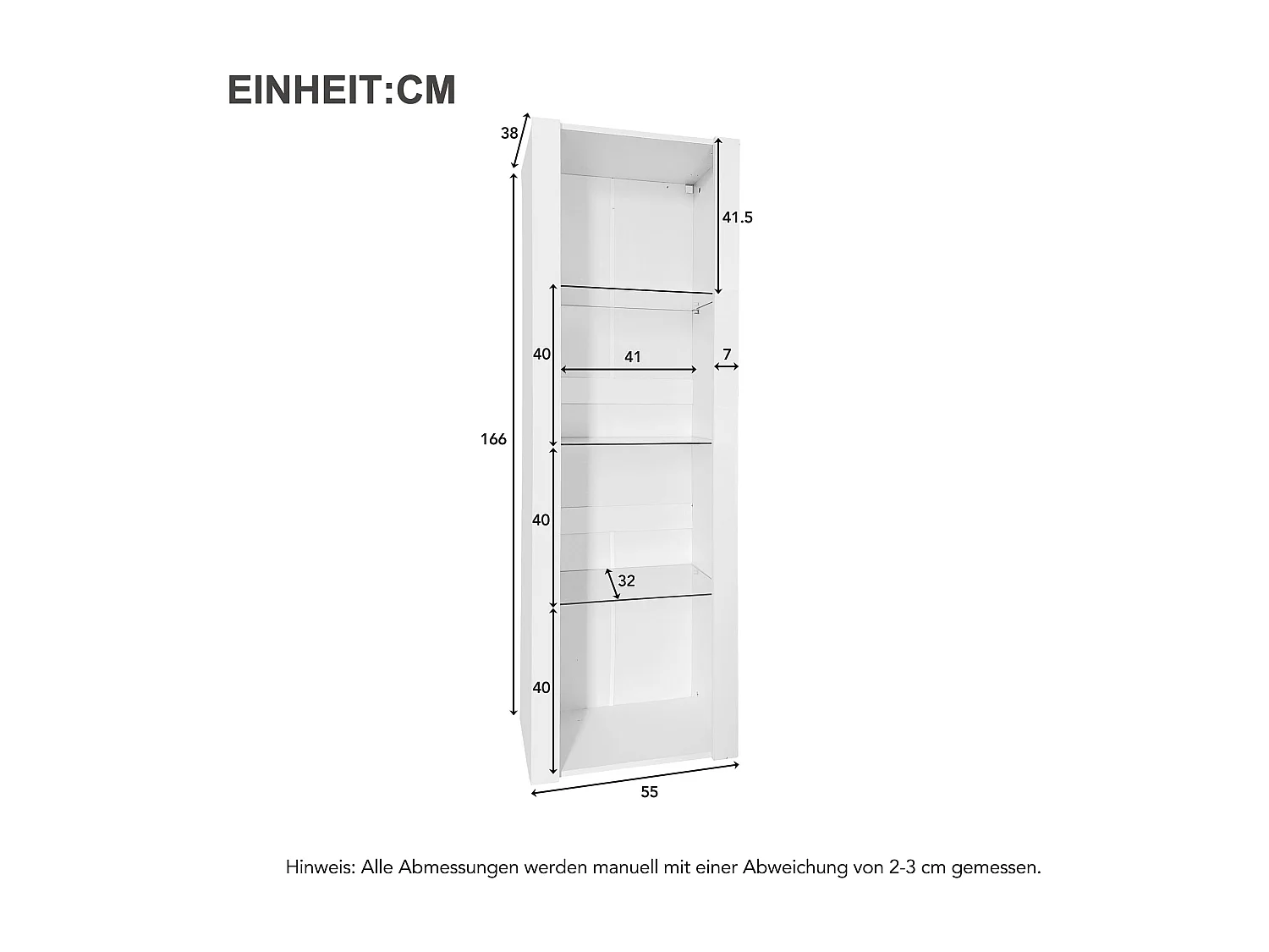 Vitrine haute brillance avec LED, 3 étagères en verre, MDF, blanc (55x38x166 cm)