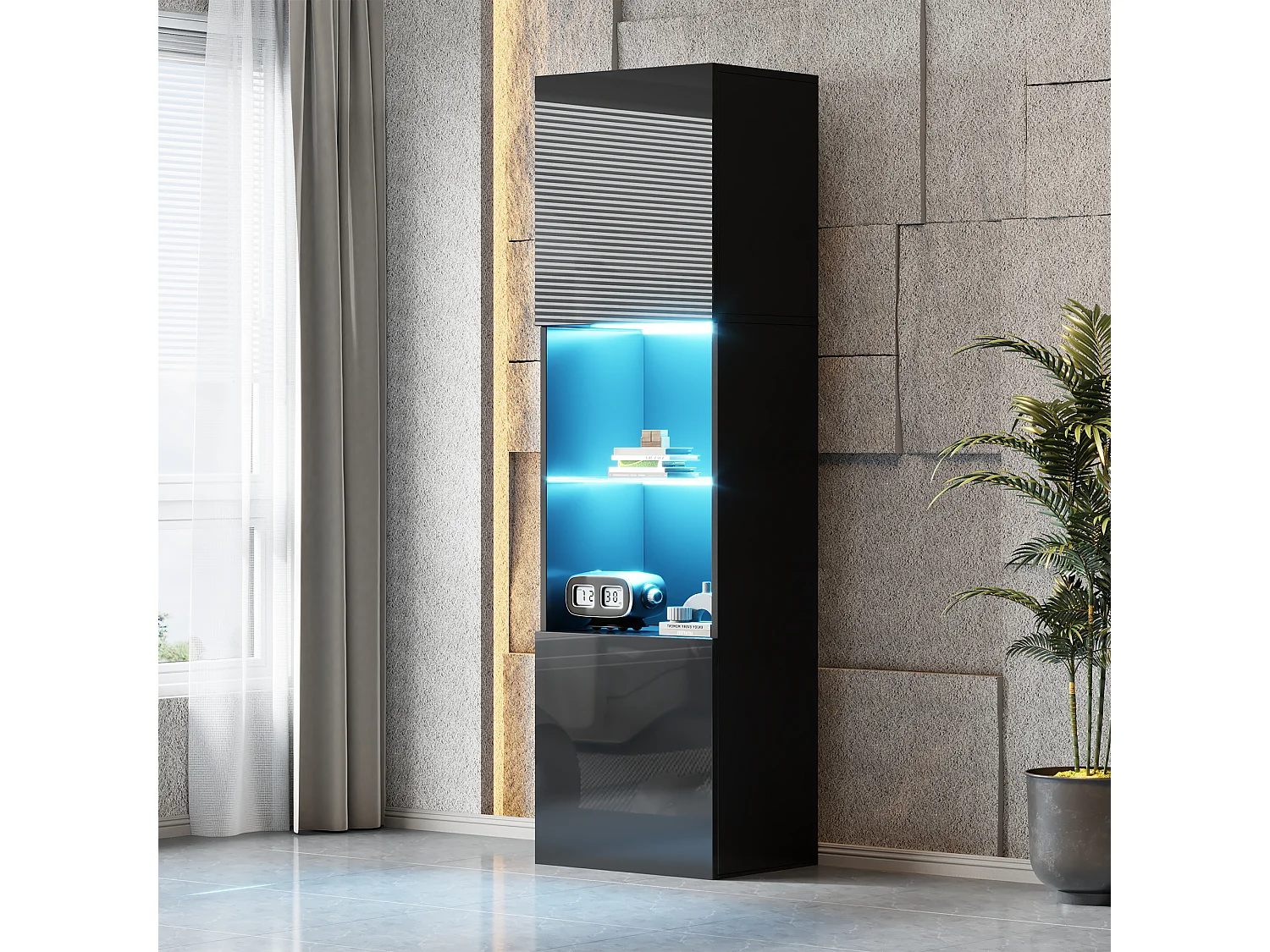 Vitrine noire laquée avec éclairage LED, 1 étagère en verre, MDF, blanc et noir, (45x35x160 cm)