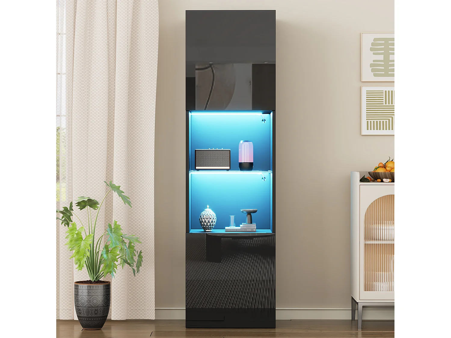 Vitrine noire laquée avec éclairage LED, 1 étagère en verre, MDF, blanc et noir, (45x35x160 cm)
