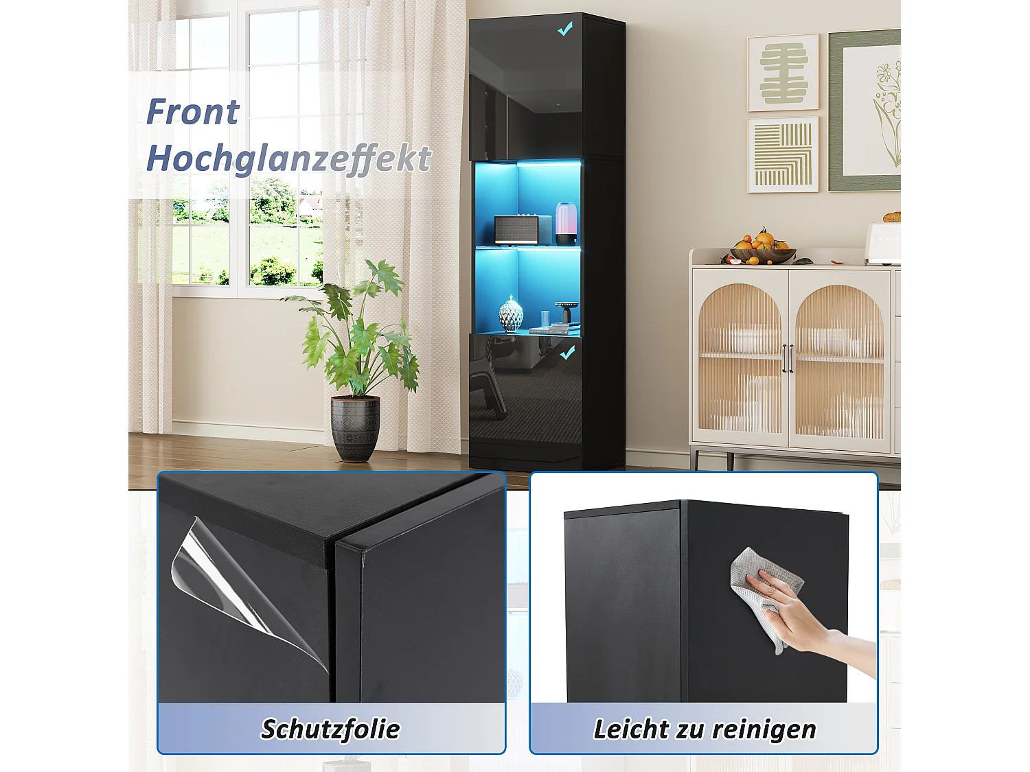 Vitrine noire laquée avec éclairage LED, 1 étagère en verre, MDF, blanc et noir, (45x35x160 cm)