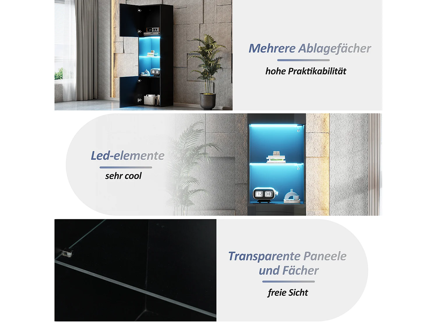 Vitrine noire laquée avec éclairage LED, 1 étagère en verre, MDF, blanc et noir, (45x35x160 cm)