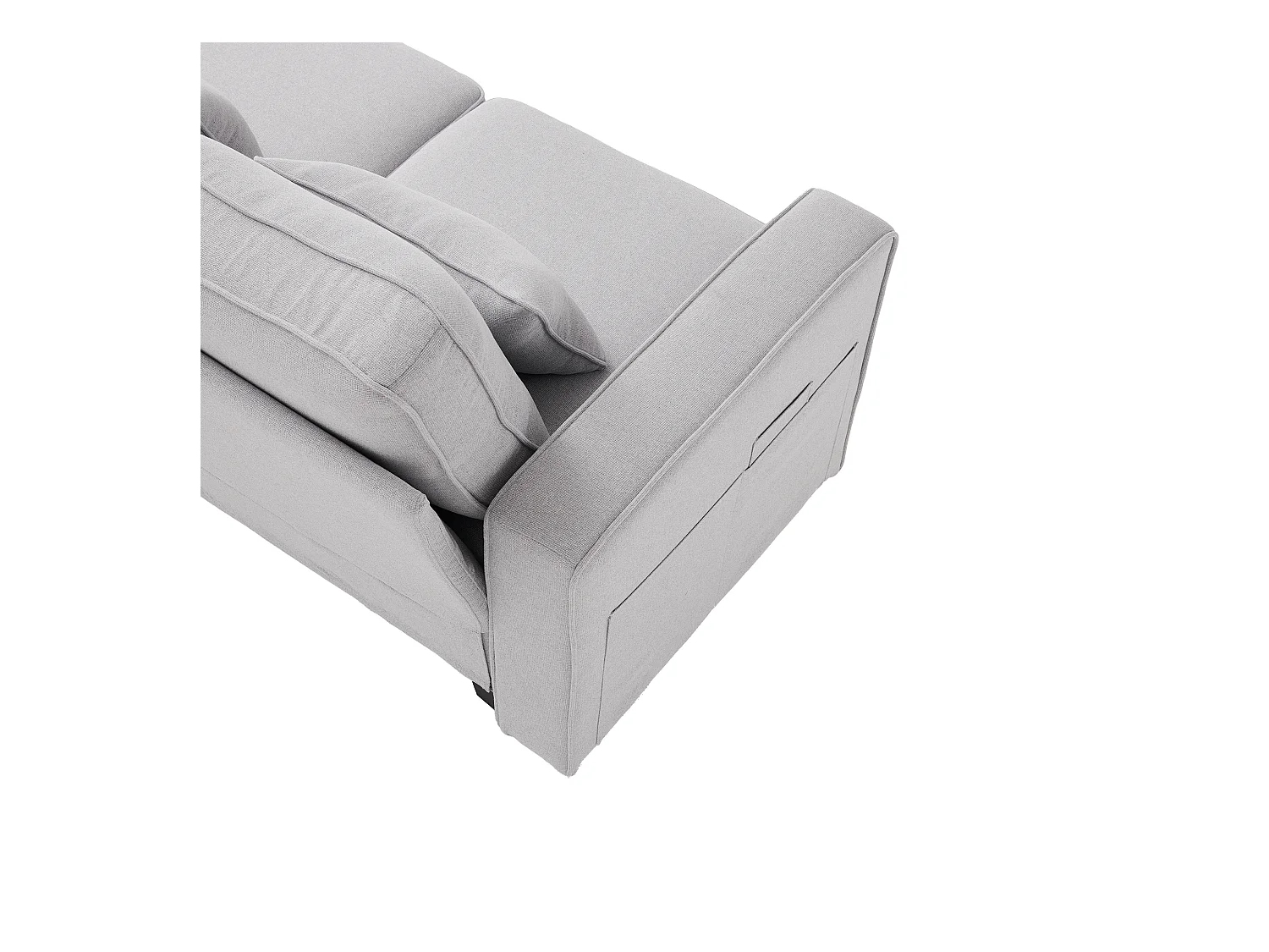 Canapé 4 places - Canapé avec 2 porte-gobelets et 2 chargeurs USB - poches d'accoudoir et 4 oreillers - lin gris clair