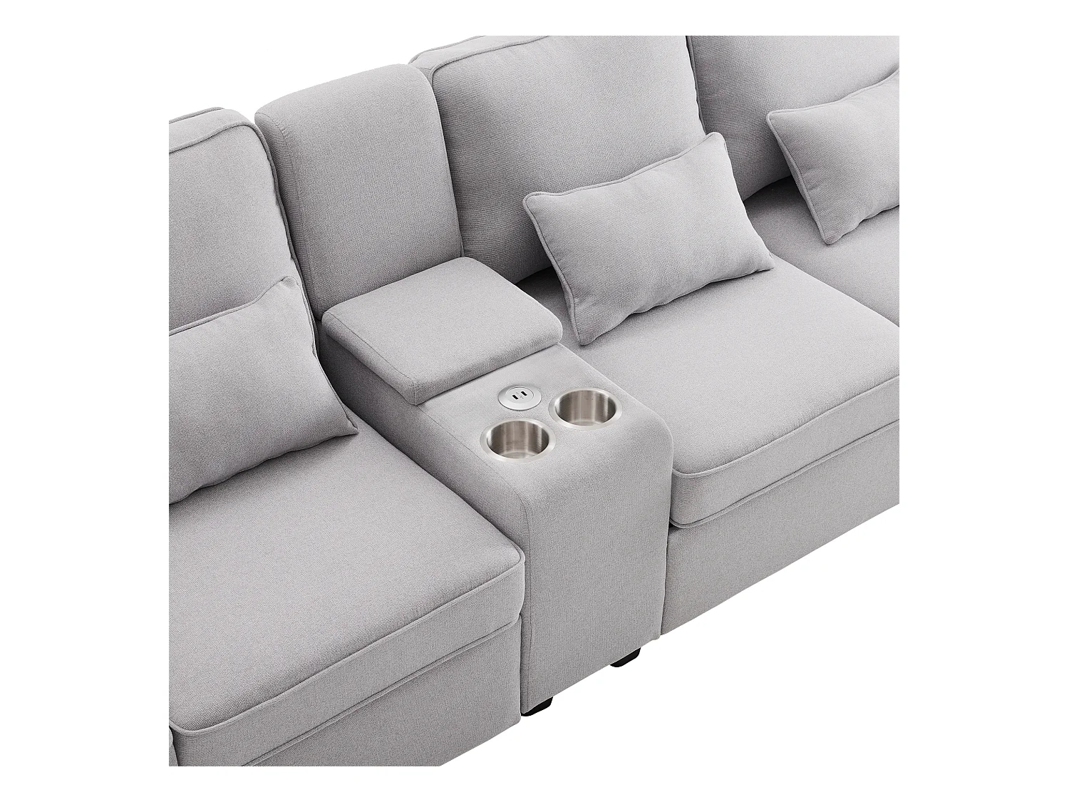 Canapé 4 places - Canapé avec 2 porte-gobelets et 2 chargeurs USB - poches d'accoudoir et 4 oreillers - lin gris clair