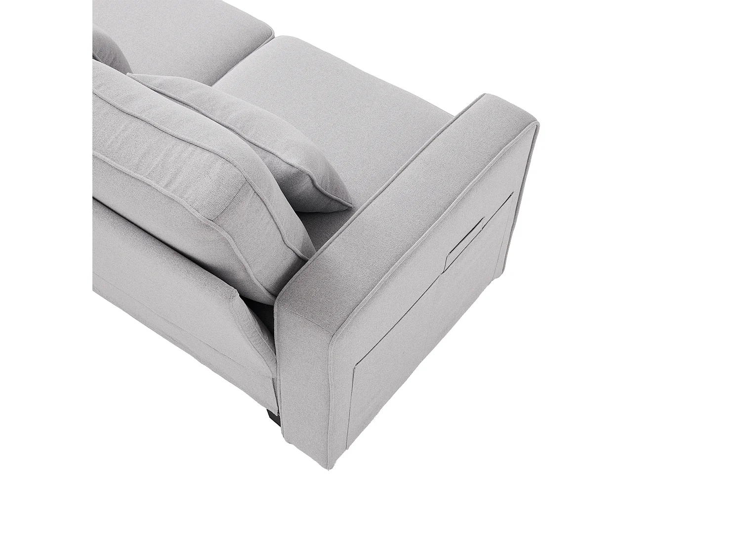 Canapé 4 places - Canapé avec 2 porte-gobelets et 2 chargeurs USB - poches d'accoudoir et 4 oreillers - lin gris clair