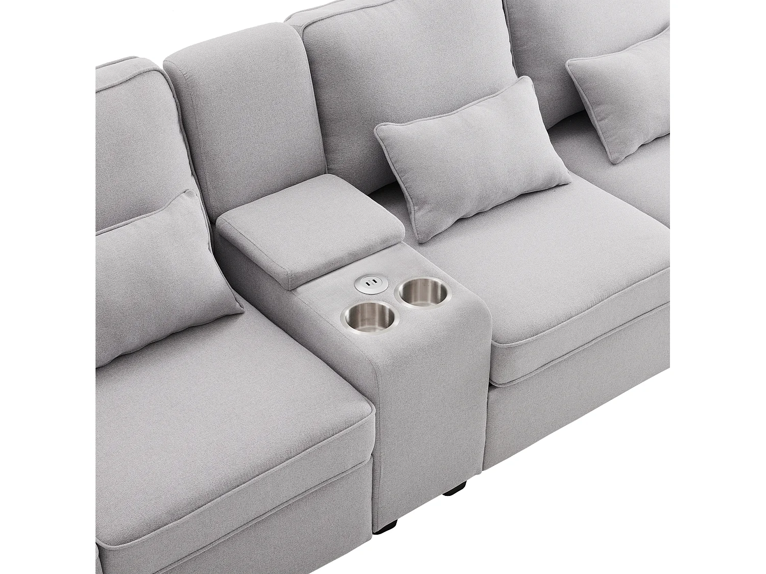 Canapé 4 places - Canapé avec 2 porte-gobelets et 2 chargeurs USB - poches d'accoudoir et 4 oreillers - lin gris clair
