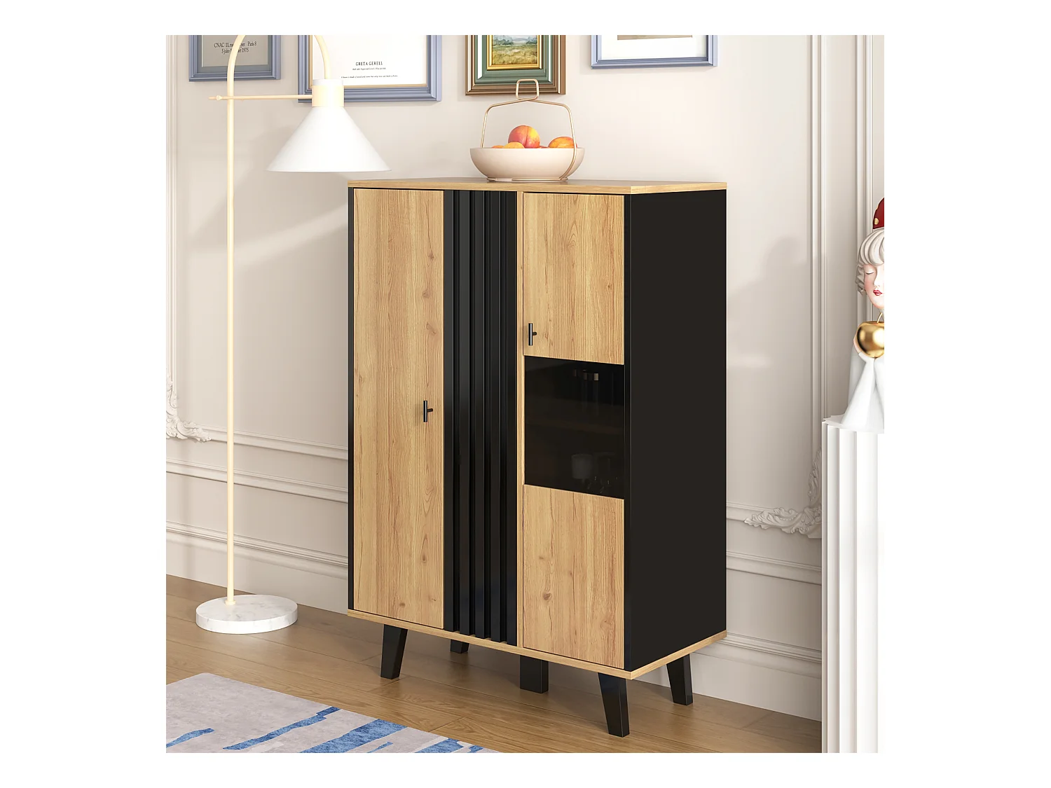 Vitrine avec LED, 2 portes en verre, design moderne, bois et noir, panneau de particules (80x40x120 cm)