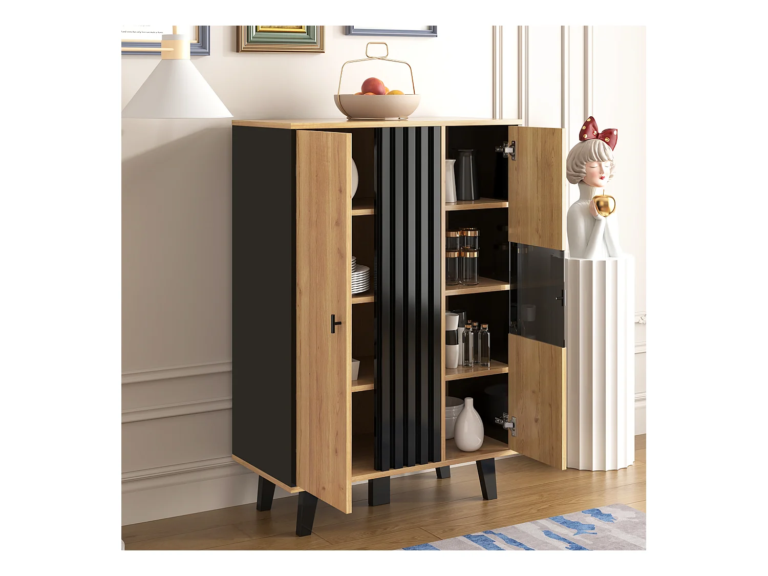 Vitrine avec LED, 2 portes en verre, design moderne, bois et noir, panneau de particules (80x40x120 cm)