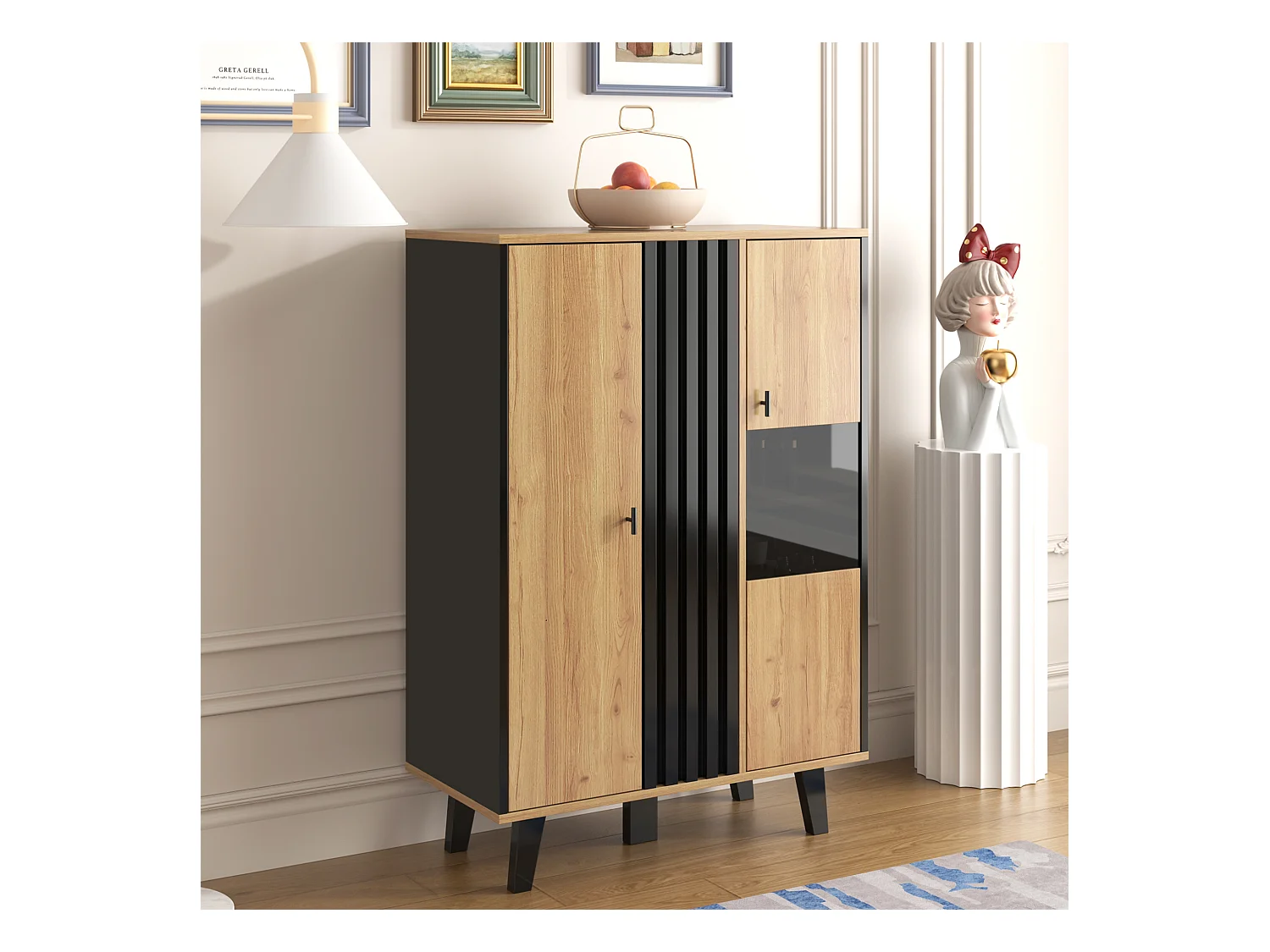 Vitrine avec LED, 2 portes en verre, design moderne, bois et noir, panneau de particules (80x40x120 cm)