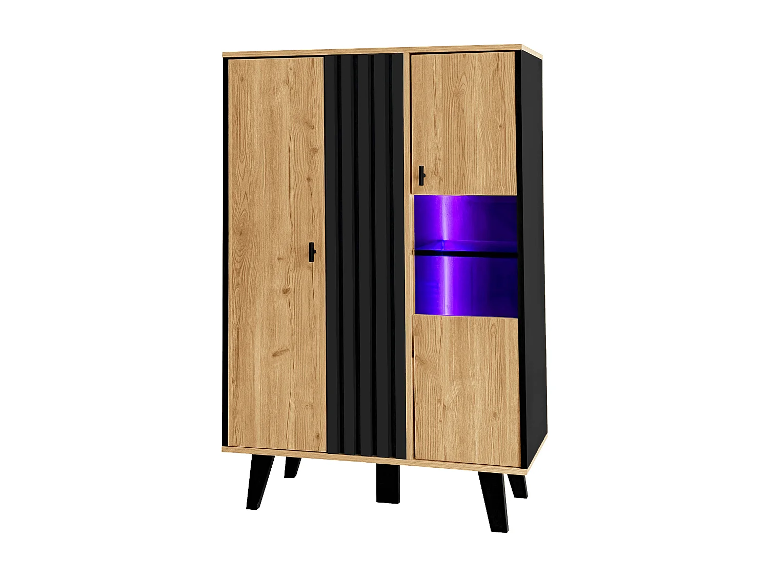 Vitrine avec LED, 2 portes en verre, design moderne, bois et noir, panneau de particules (80x40x120 cm)