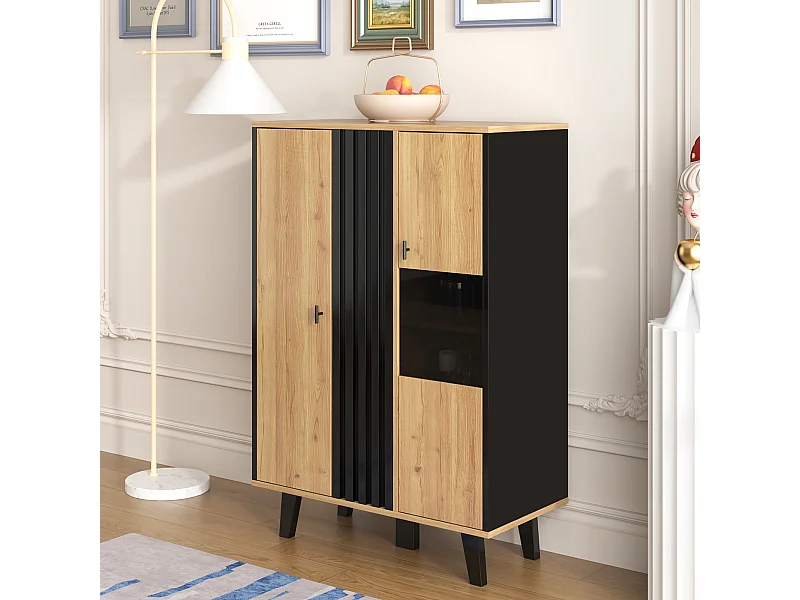 Vitrine avec LED, 2 portes en verre, design moderne, bois et noir, panneau de particules (80x40x120 cm)