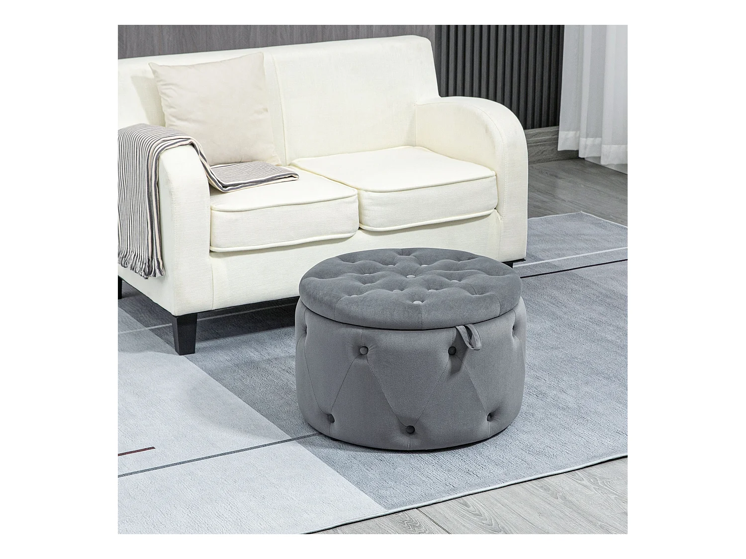 Ronde poef met opbergruimte, grijs fluweel, antislipvoetjes, 60x60x40 cm