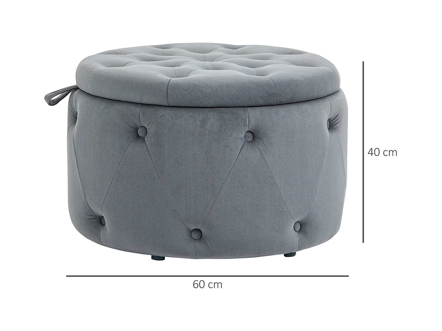 Ronde poef met opbergruimte, grijs fluweel, antislipvoetjes, 60x60x40 cm
