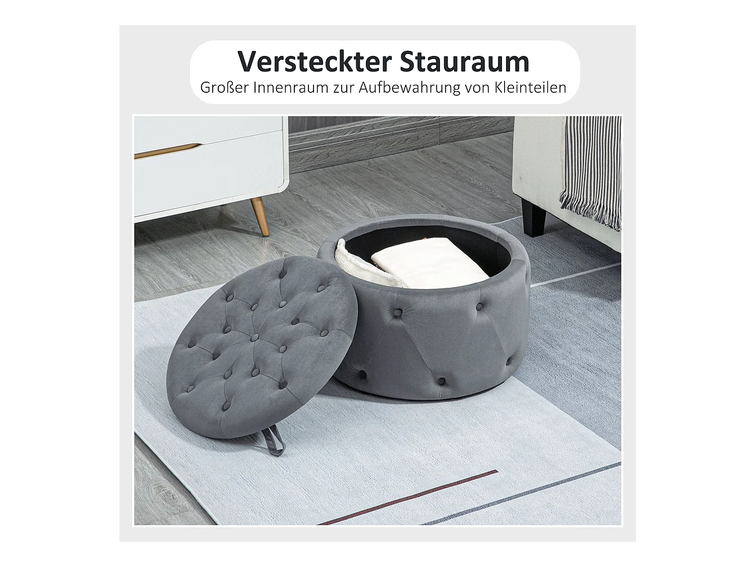 Ronde poef met opbergruimte, grijs fluweel, antislipvoetjes, 60x60x40 cm