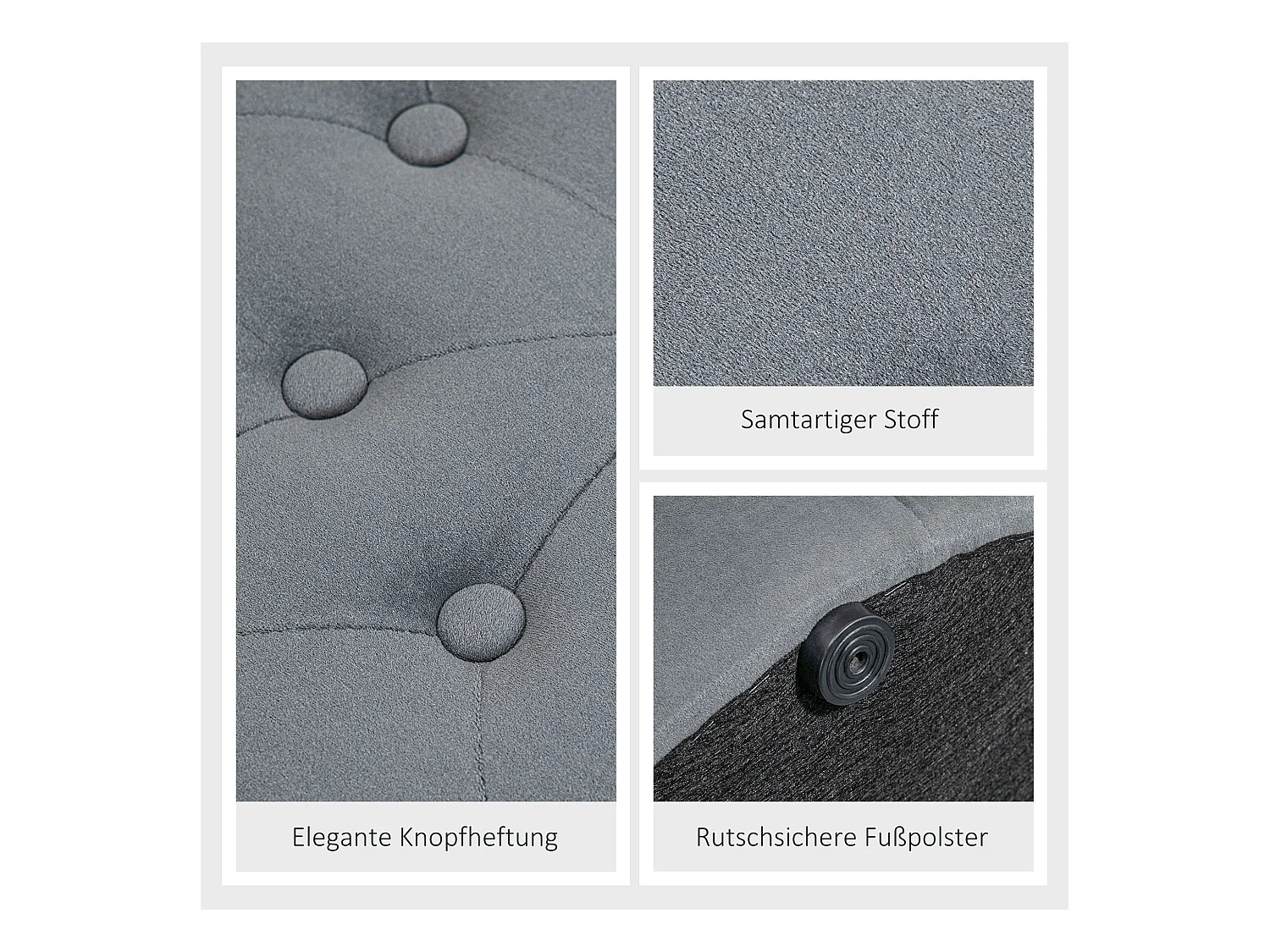 Ronde poef met opbergruimte, grijs fluweel, antislipvoetjes, 60x60x40 cm