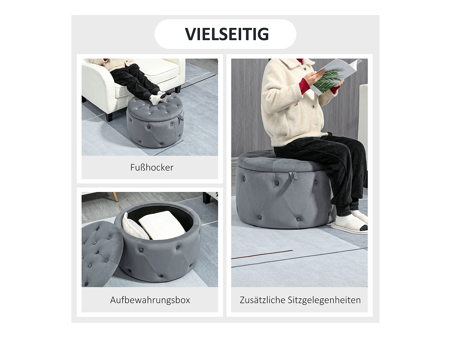 Ronde poef met opbergruimte, grijs fluweel, antislipvoetjes, 60x60x40 cm