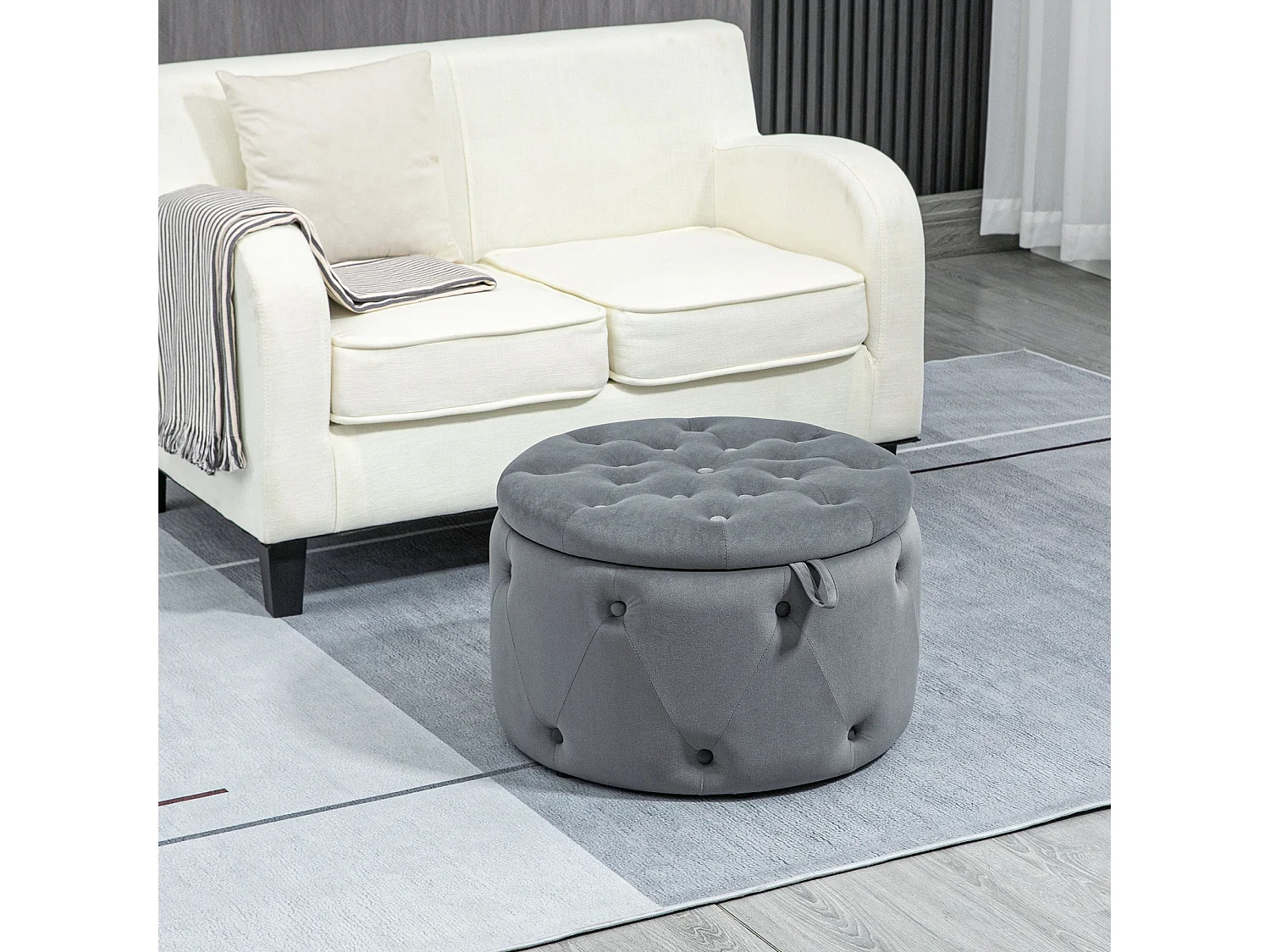 Pouf rond avec rangement, velours gris, pieds antidérapants, 60x60x40 cm