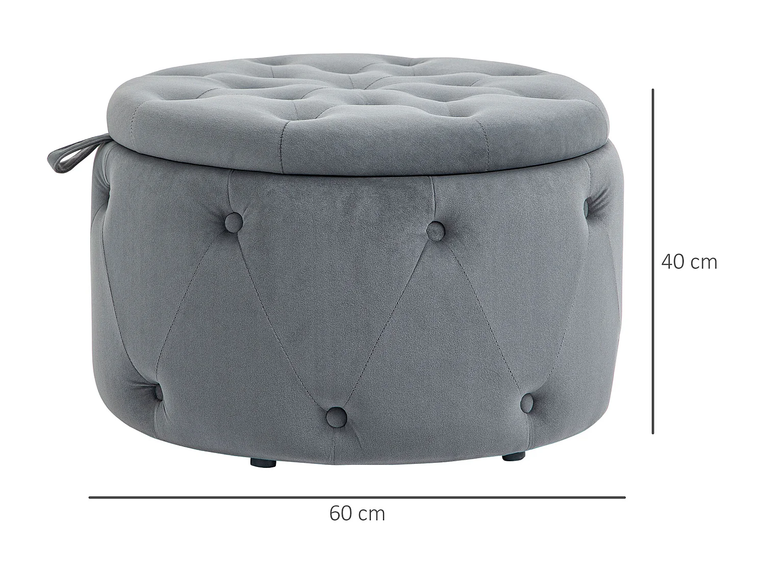 Pouf rond avec rangement, velours gris, pieds antidérapants, 60x60x40 cm