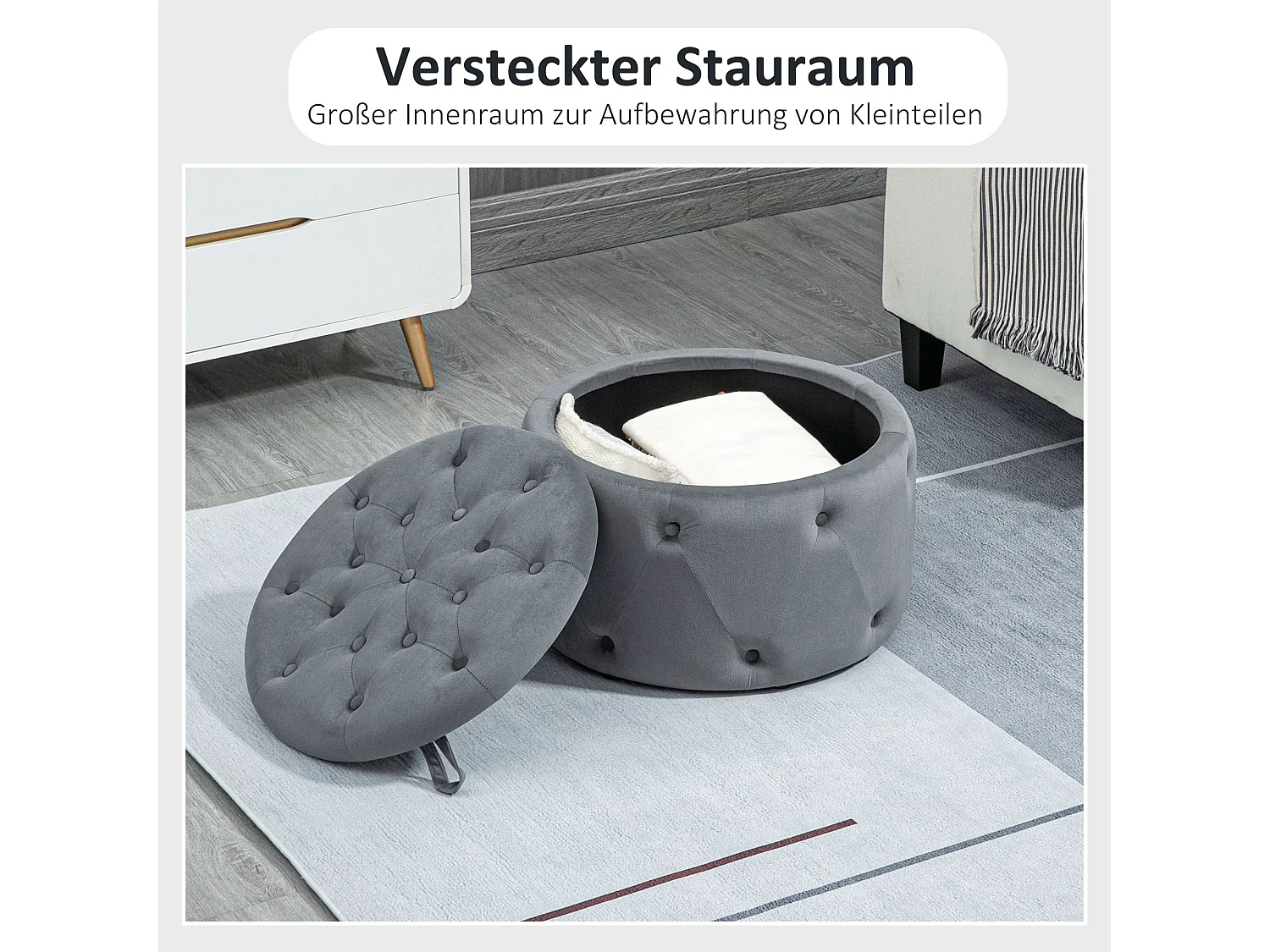 Pouf rond avec rangement, velours gris, pieds antidérapants, 60x60x40 cm