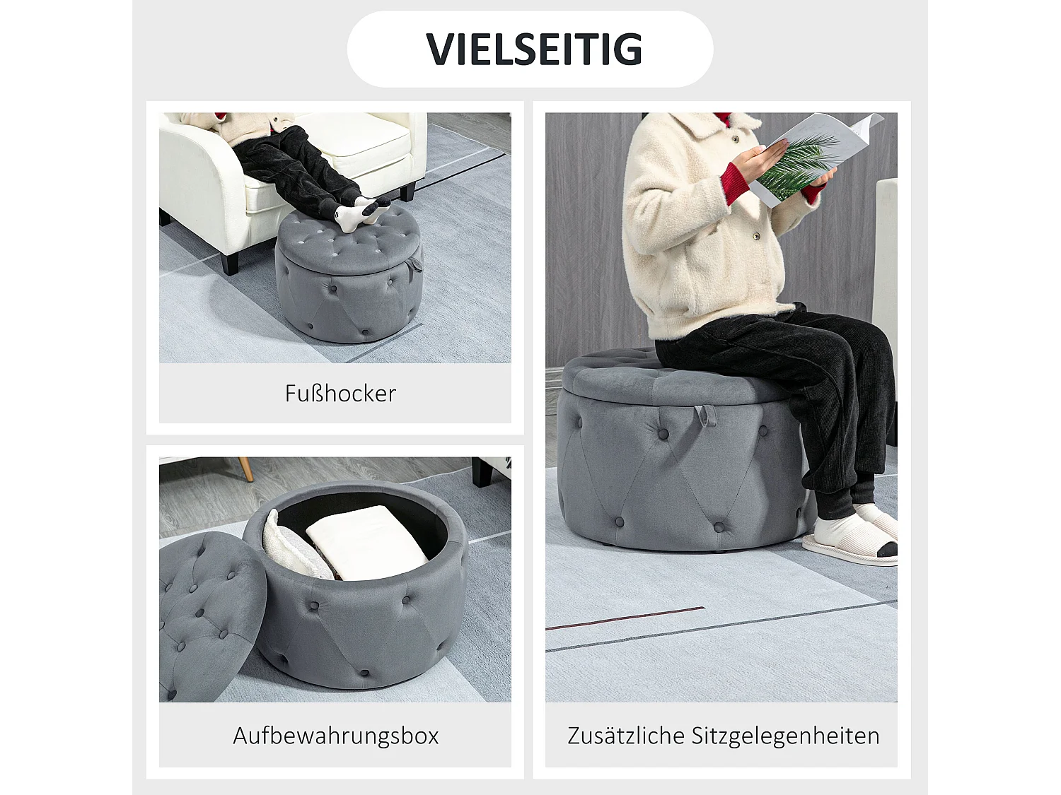 Pouf rond avec rangement, velours gris, pieds antidérapants, 60x60x40 cm