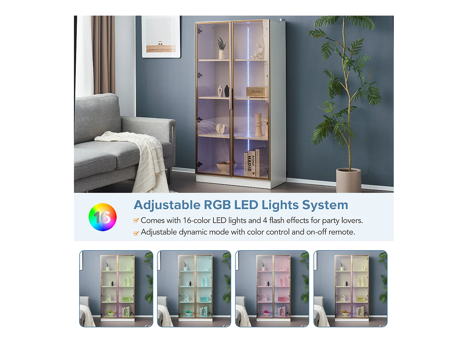 Vitrine en Verre Blanc avec LED RGB, 2 Portes et Étagères Réglables, MDF, Blanc, (80x40x160 cm)