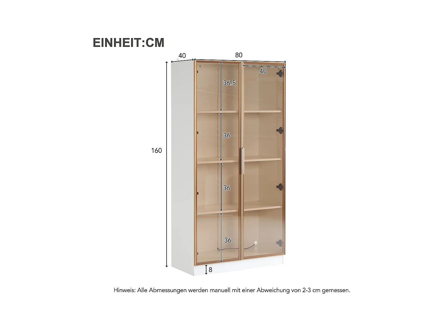 Vitrine en Verre Blanc avec LED RGB, 2 Portes et Étagères Réglables, MDF, Blanc, (80x40x160 cm)