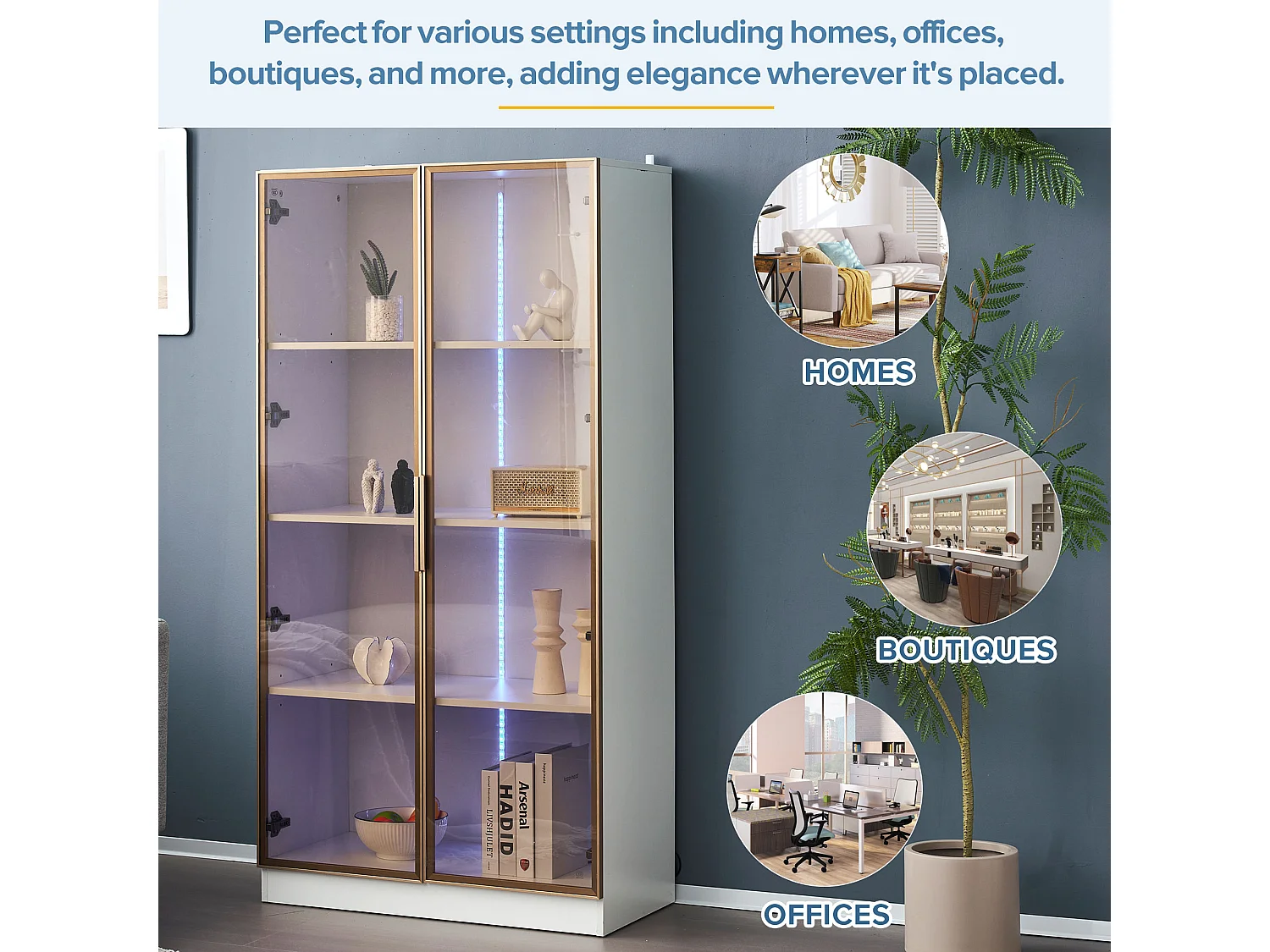 Vitrine en Verre Blanc avec LED RGB, 2 Portes et Étagères Réglables, MDF, Blanc, (80x40x160 cm)