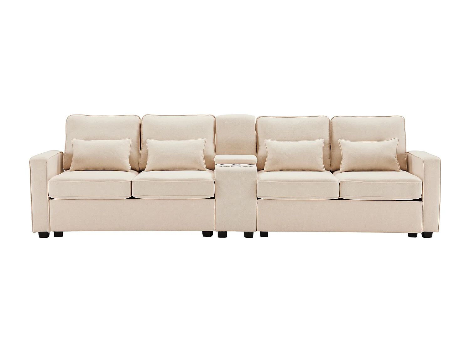 Canapé 4 places - Canapé avec 2 porte-gobelets et 2 chargeurs USB - poches d'accoudoir et 4 oreillers - lin beige