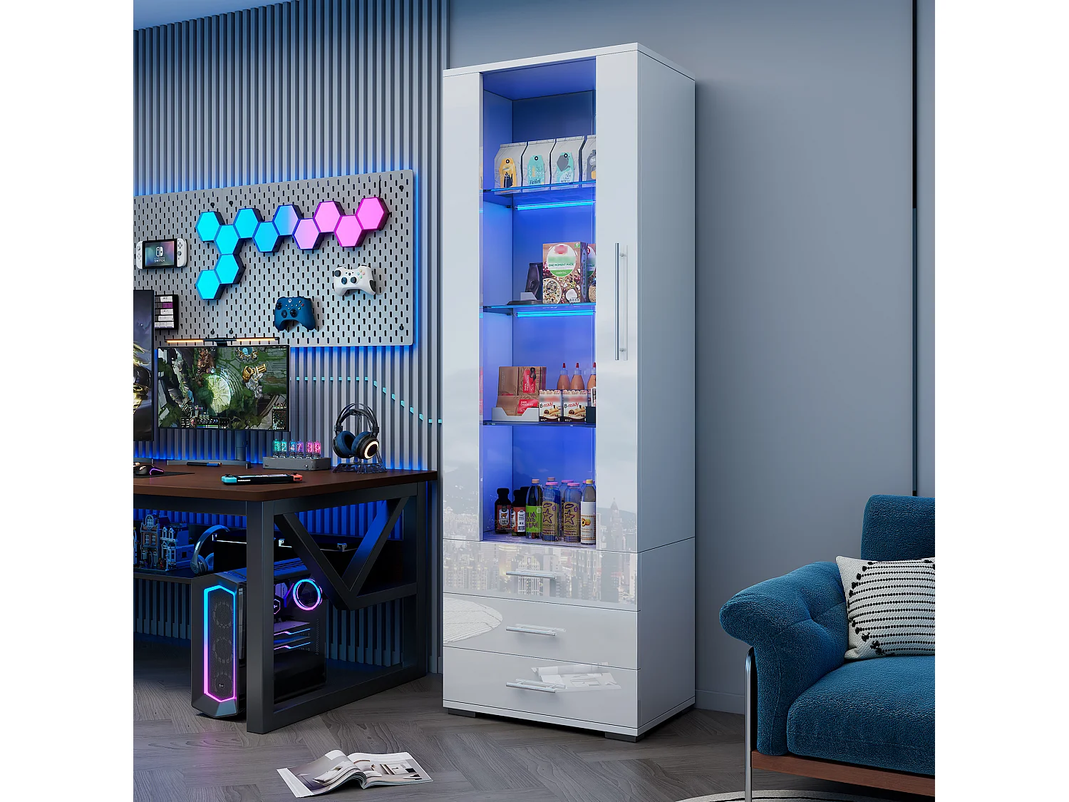 Vetrina moderna con LED, ante in vetro, 3 ripiani, bianco lucido (60x35x180 cm)